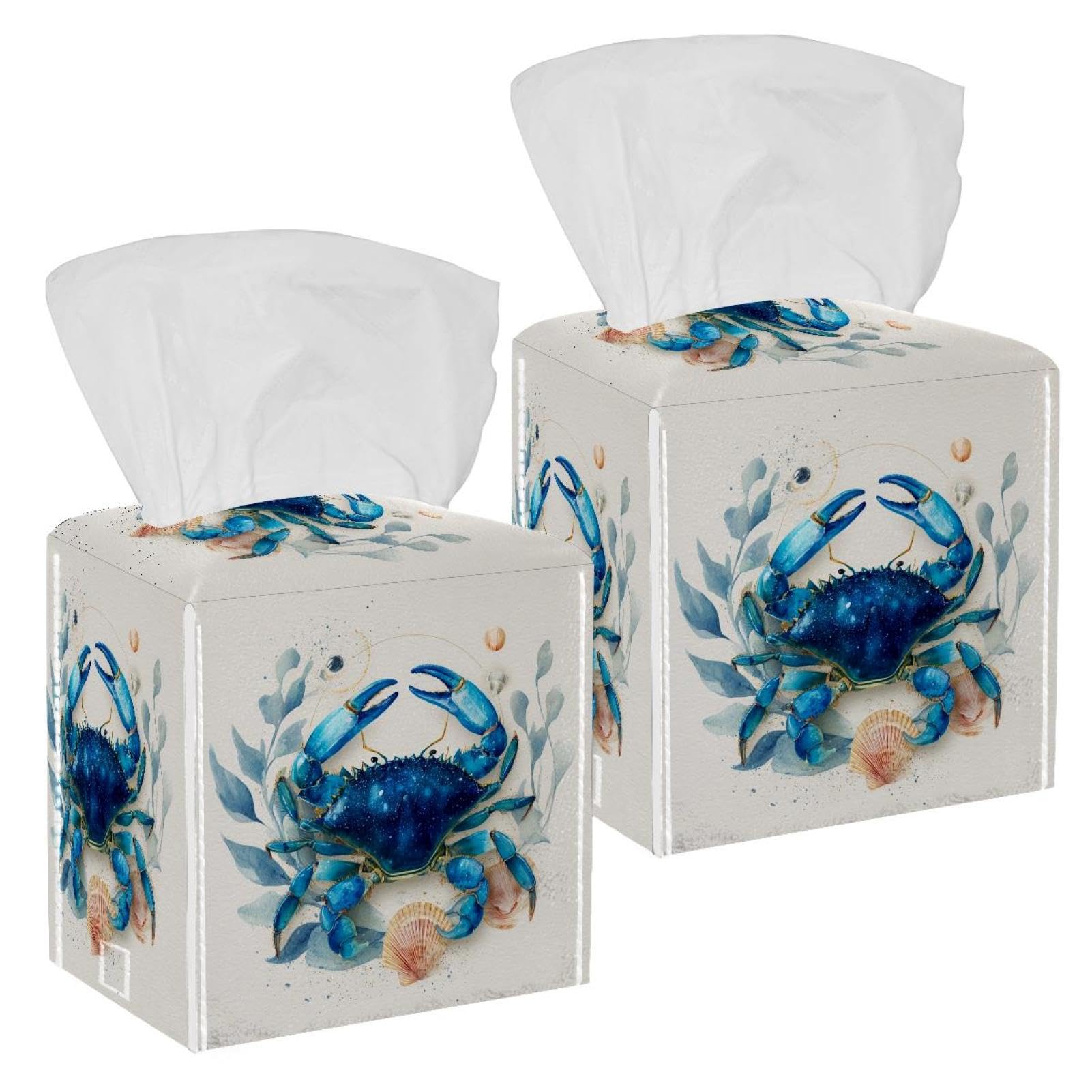 Blue Crab Tissue Box Cover, 2 Pack PU Leather Square Facial Tissue Dispenser Box holder for Home Office Car
