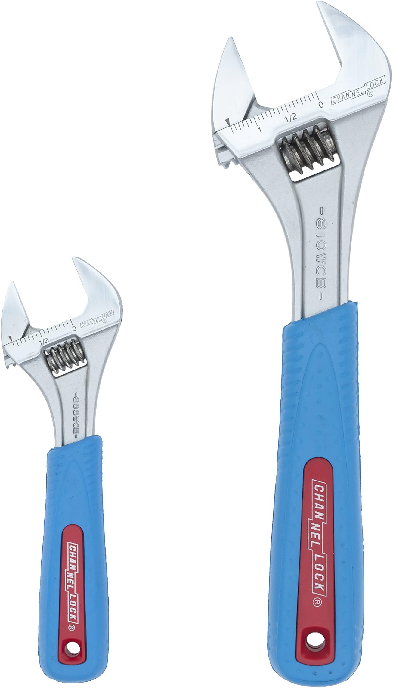 Channellock WS-2CB 2 Piece Adjustable Wrench Set | 6-inch & 10-Inch Wrench | Precise Jaw Design Grips in Tight Spaces | Measurement Scales for Easy Sizing of Diameters | CODE BLUE Grips