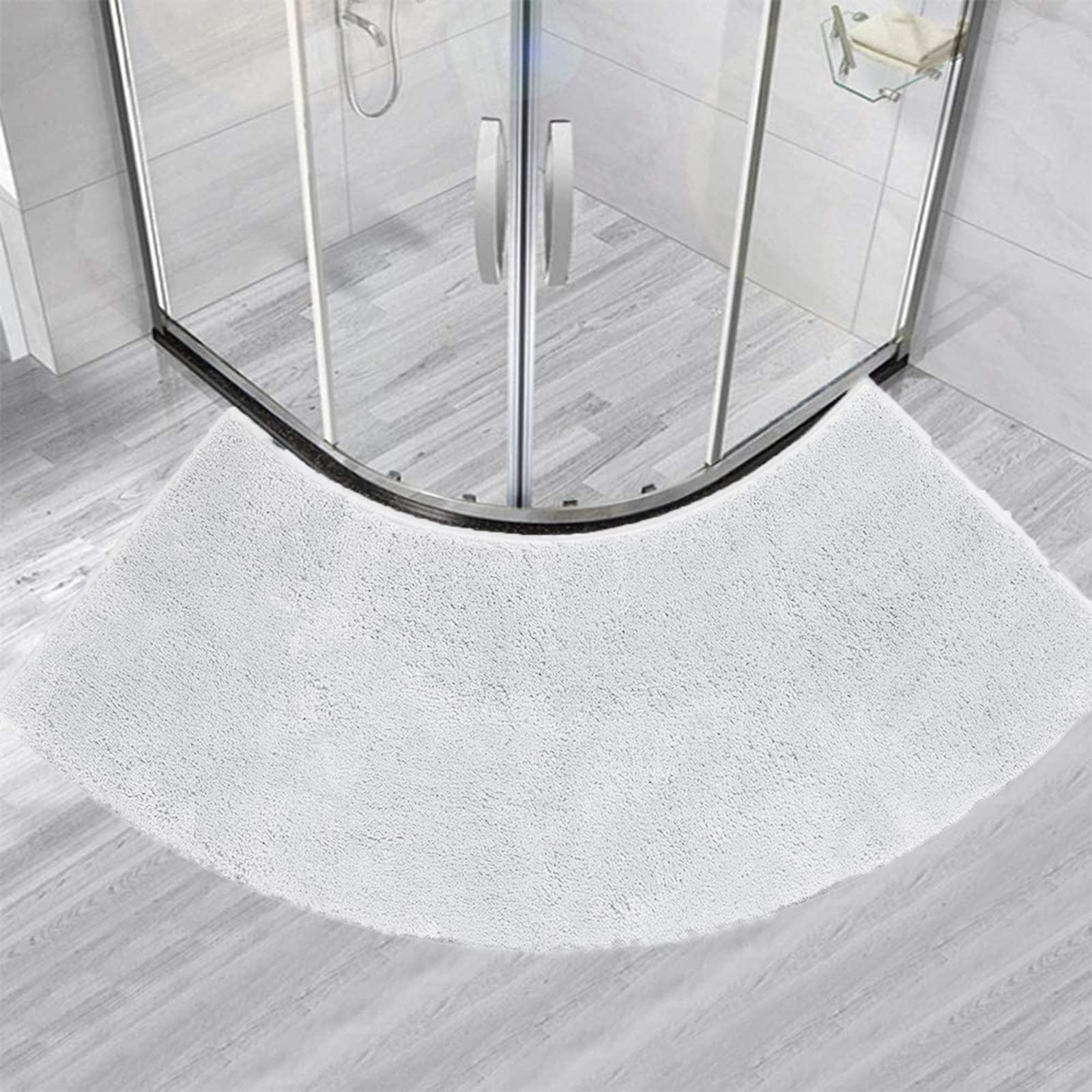 Semi-Circular Shower Mat,Curved Bath Mat,Fluffy Curved Shower Mat,45X110 CM, Washable Bathroom Carpet Corner Bathtub Floor Carpet,Fluffy Washable,White