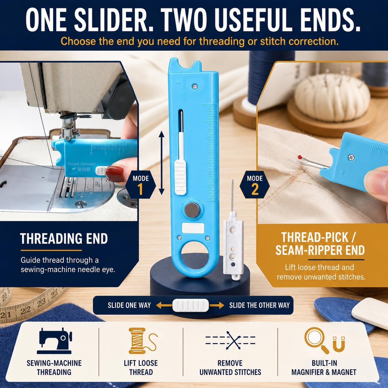 4-in-1 Sewing Needle Threader Tool with Magnifier, Magnet and Seam Ripper image 5