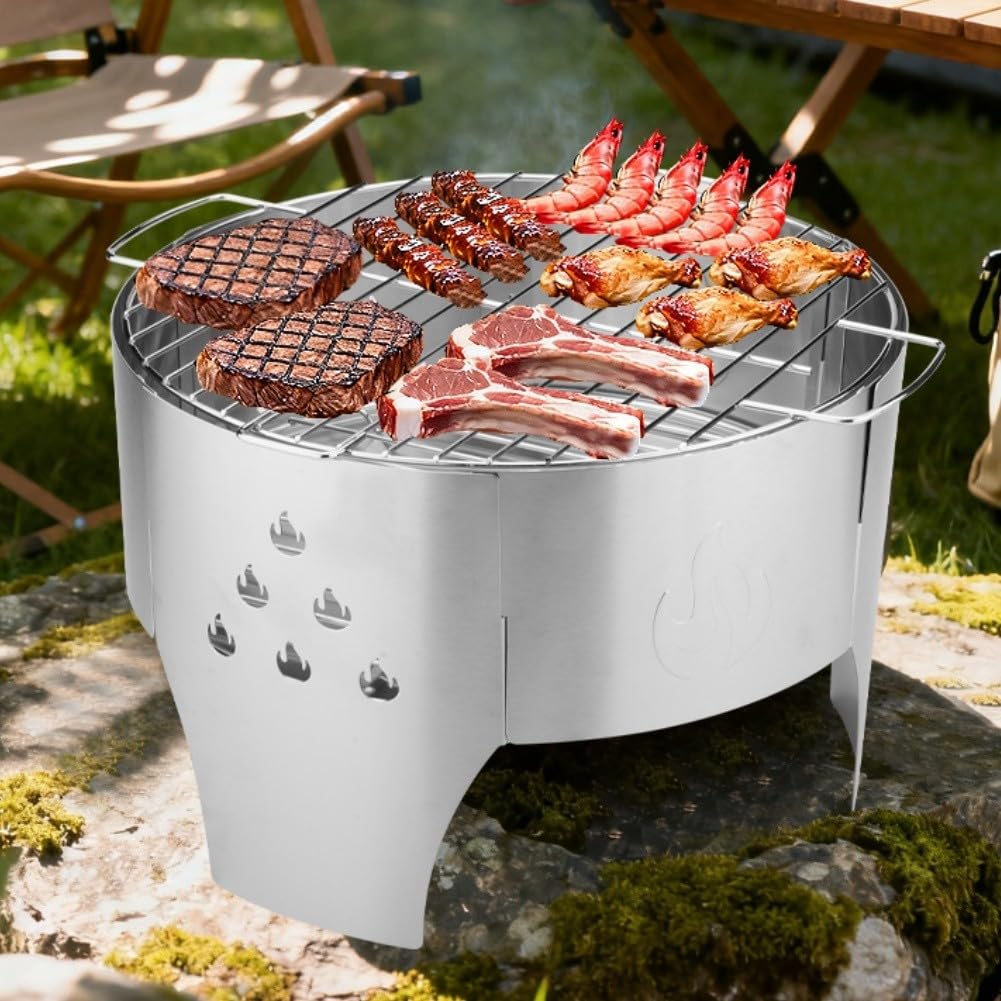 Grill Portatile da Campeggio e Giardino: Forno BBQ Leggero con Carbonella, Pieghevole con Borsa per il Trasporto, Braciere in Acciaio Inox 304 per Picnic Terrazza Cucina Esterno Argento 1 Set