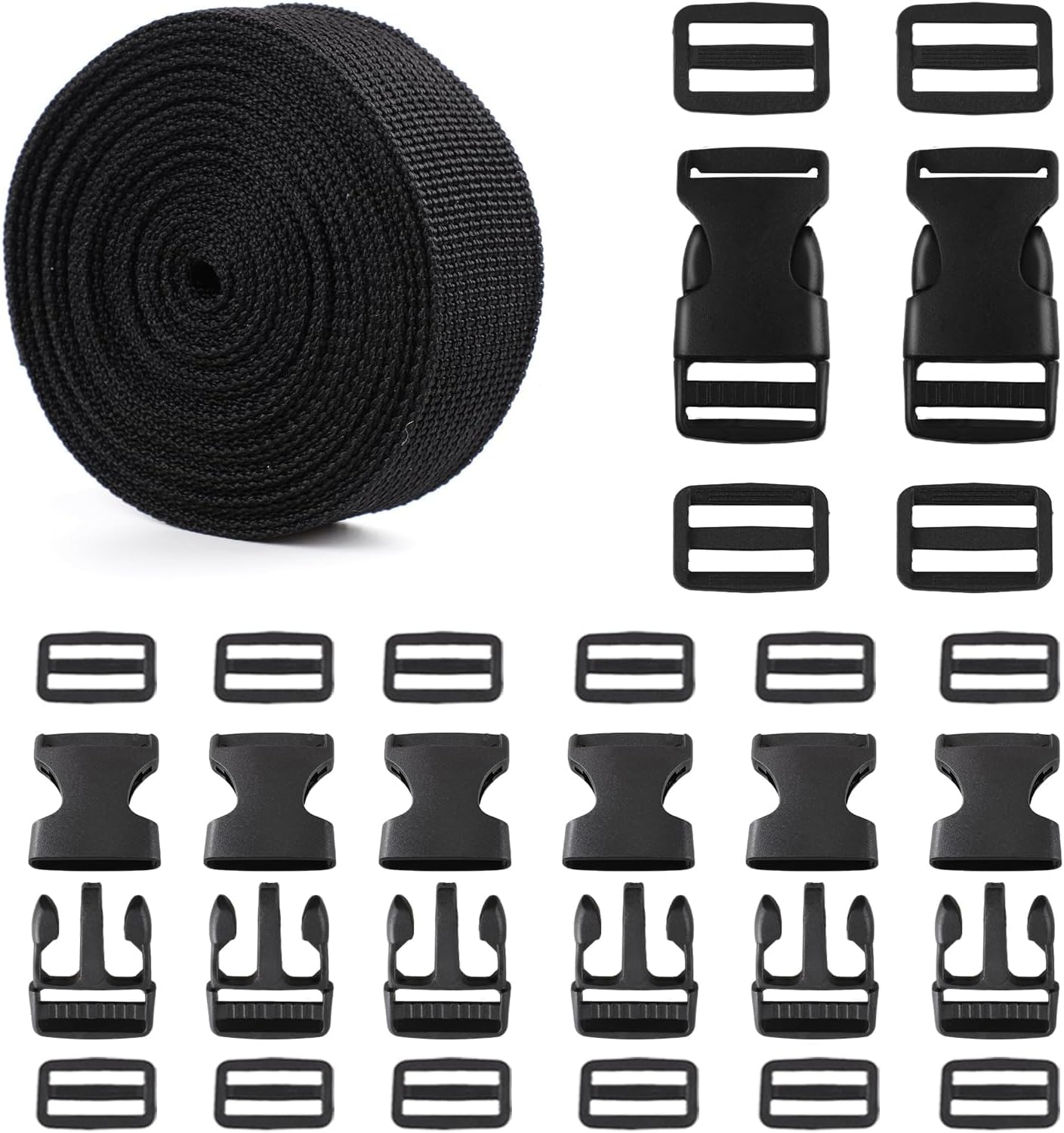 Strap and Buckles kit - 18 ft Nylon Webbing 1 inch wide, 8 Pack Quick Release Buckle, 16 pieces Tri-Glide Slide Clips, Black Stylish Plastic Buckles for Strips 1 inch Set, Adjustable Non-sewing