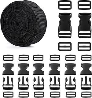 Strap and Buckles kit - 18 ft Nylon Webbing 1 inch wide, 8 Pack Quick Release Buckle, 16 pieces Tri-Glide Slide Clips, Black Stylish Plastic Buckles for Strips 1 inch Set, Adjustable Non-sewing