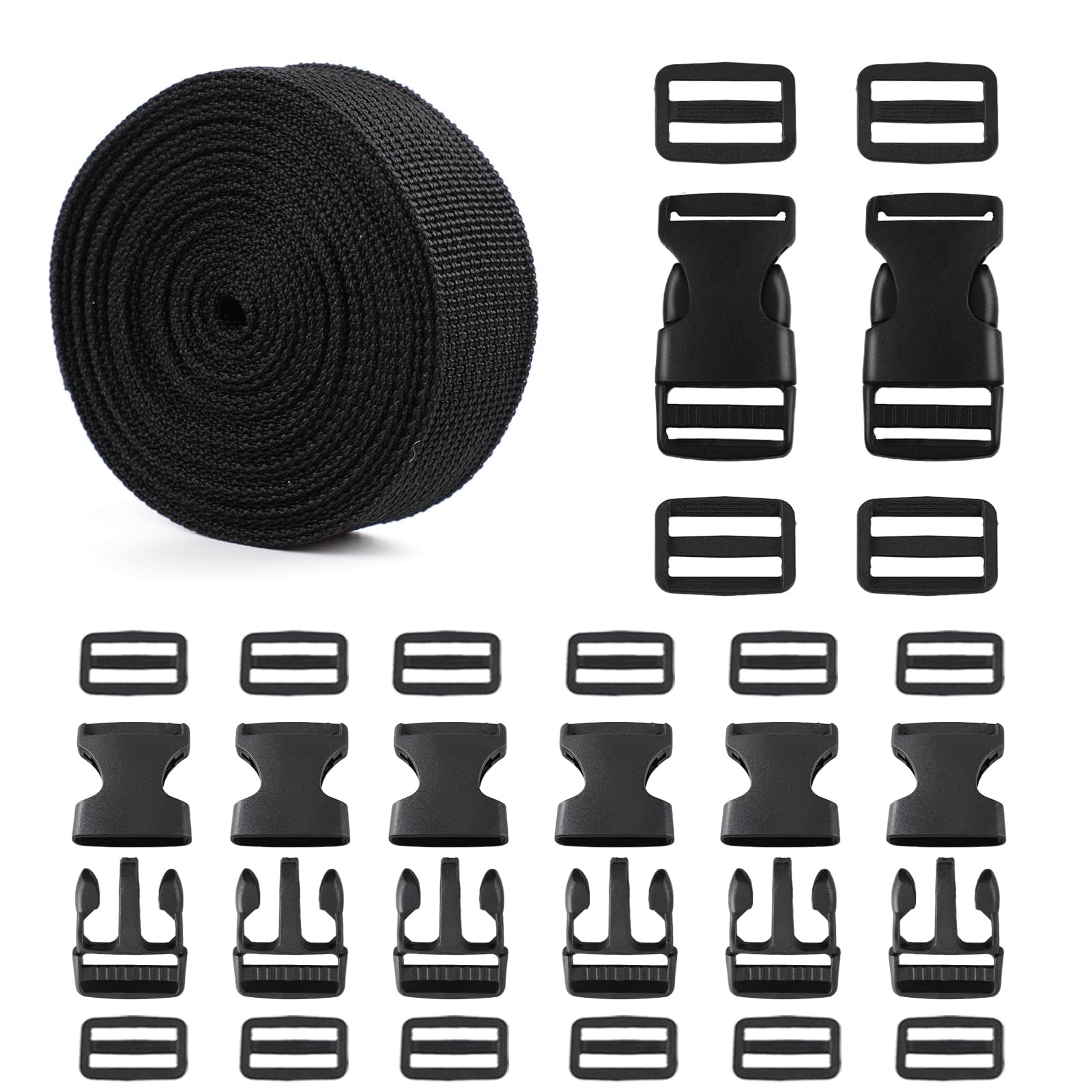 Strap and Buckles kit - 18 ft Nylon Webbing 1 inch wide, 8 Pack Quick Release Bu