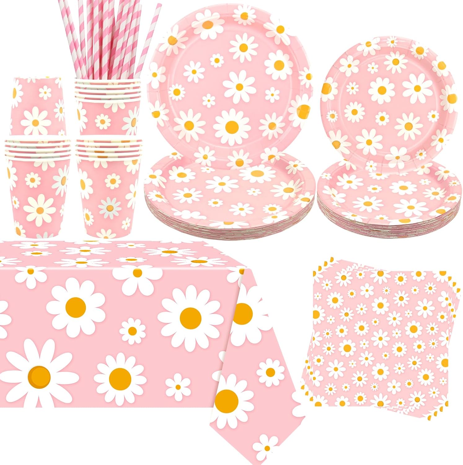 KEFAN Pink Daisy Birthday Party Decorations, Daisy Theme Party Tableware Supplies including Plates, Cups, Napkins, Tablecloth (20)