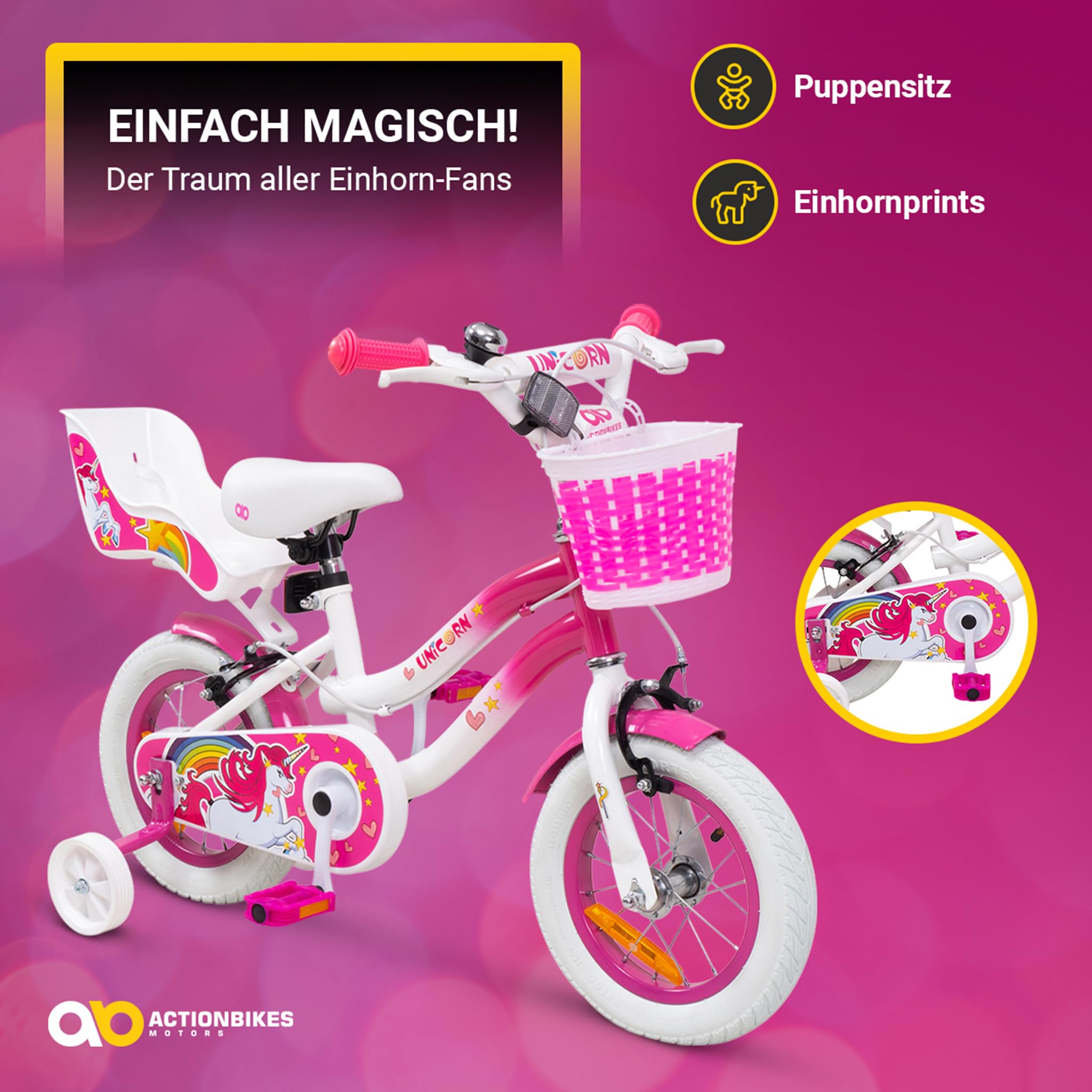 Actionbikes Kinderfahrrad Unicorn | 12 16 Zoll - V-Brake Bremsen - Fahrrad für Kinder von 2-7 Jahren - Schutzblech v. / h - Kinder Fahrrad für Mädchen & Jungen - Fahrräder - Bicycle - Kinderrad - Bike