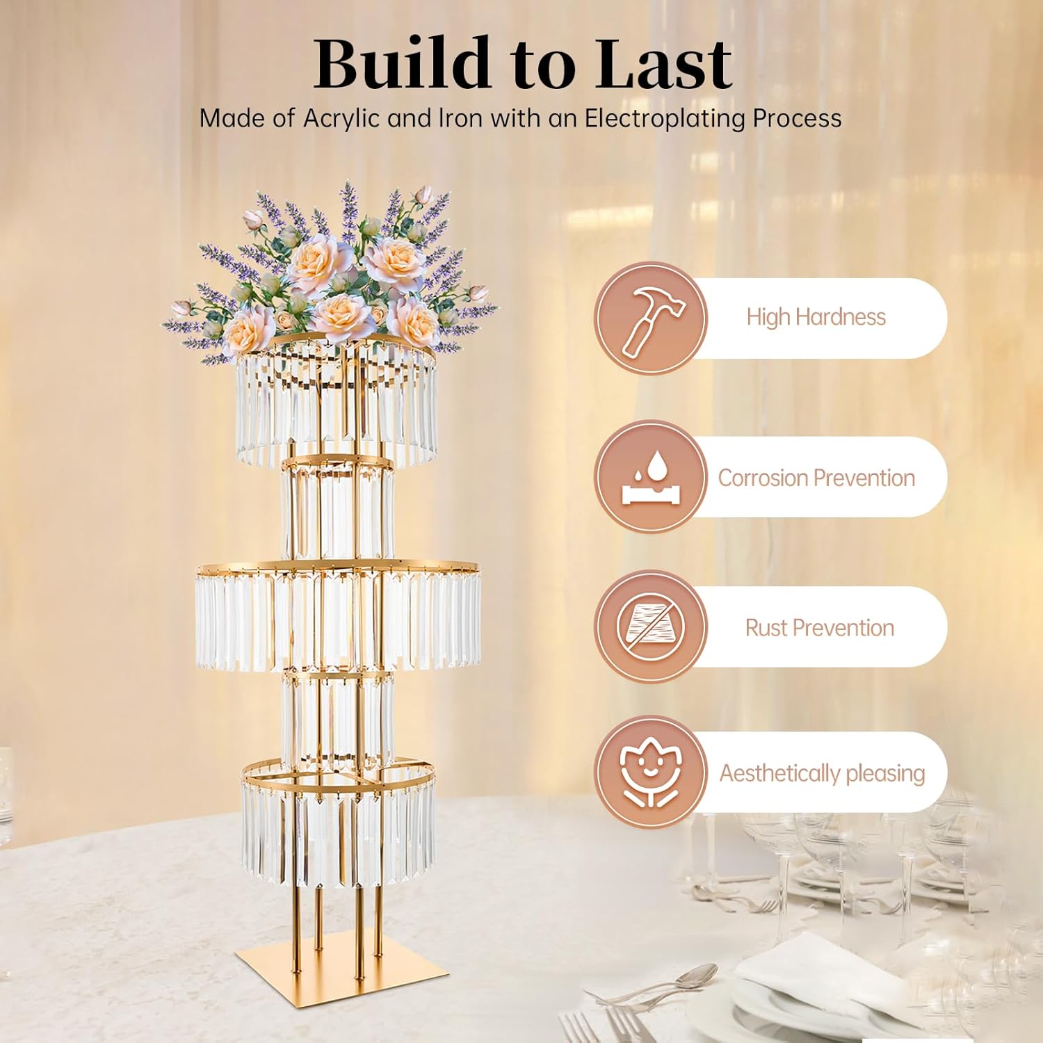 43.3" Tall Gold Flower Stand for Wedding Centerpieces – 5-Tier Clear Acrylic & Metal Centerpiece Stand with Crystal Style Design, 11.8" Base, Perfect for Wedding Tables, Floor Décor & Reception Events