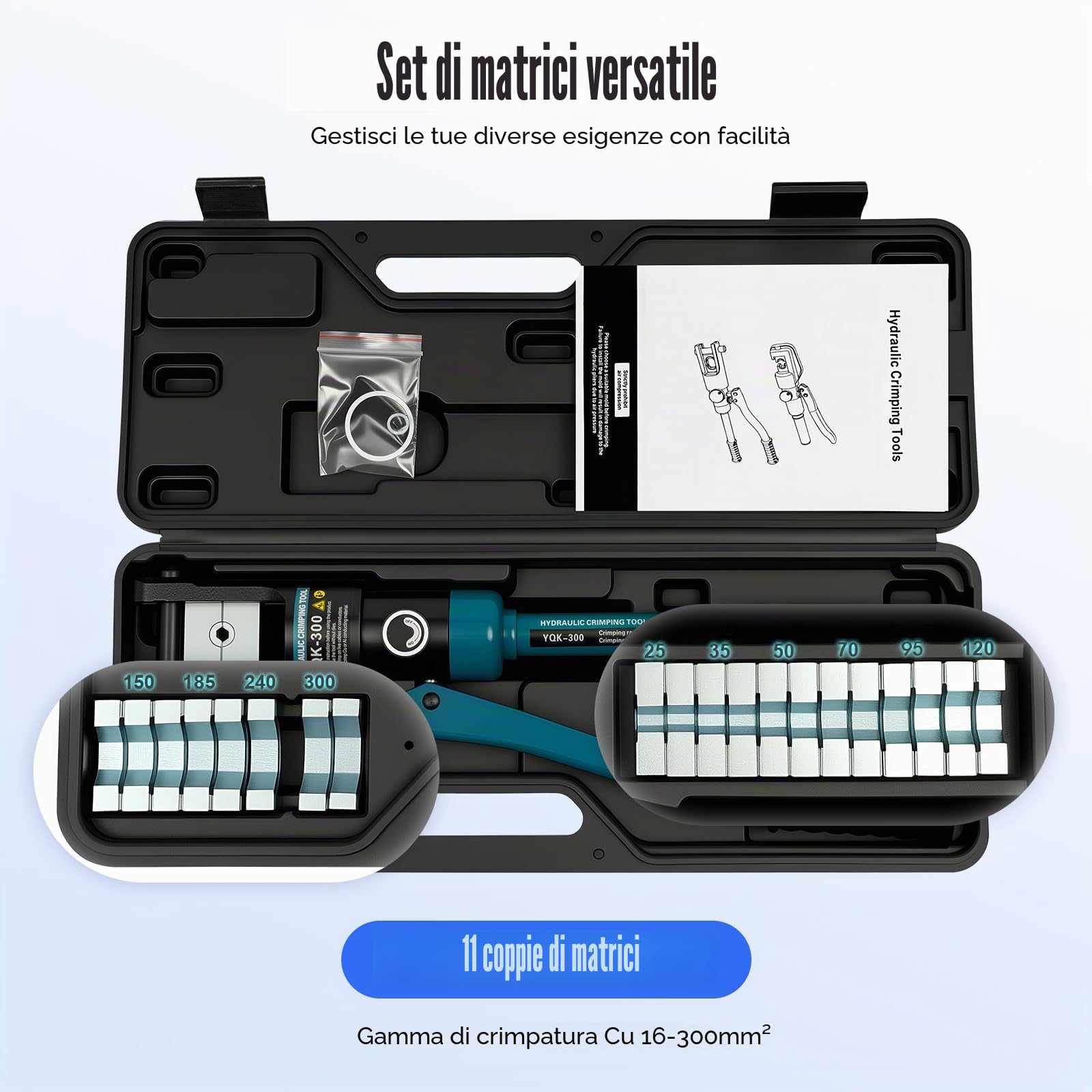 Pinza crimpatrice idraulica, 12 tonnellate, 120 KN, 16-300 mm², con 11 matrici, crimpatura esagonale, testa girevole a 360°, valvola di ritorno dell'olio, strumento professionale per elettricisti