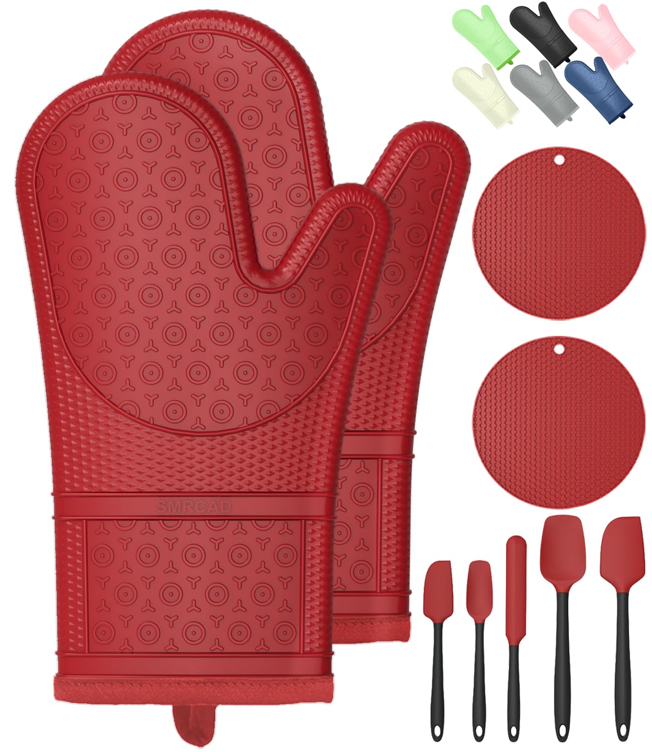 Christmas Oven Mitts with Heat-Resistant Hot Pads and Five Silicone Spatulas Designed for Kitchen Baking Cooking, Oven Glove Soft Cotton Lining, Waterproof, BPA-Free (Red, 12.6)