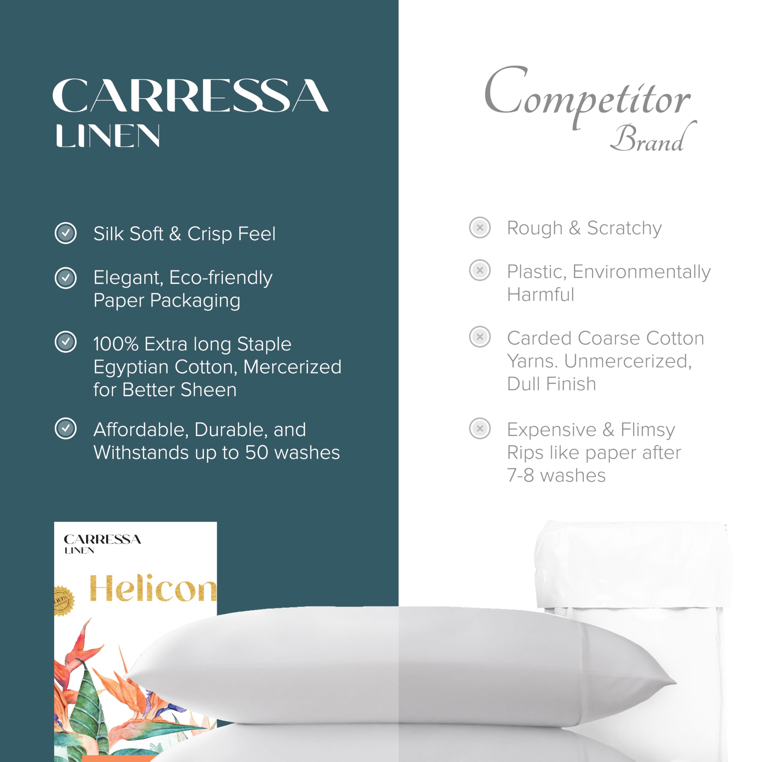 Carressa Linen Set di 2 federe per cuscini king size in 100% cotone egiziano, lussuose federe per cuscini in rasatello a 1500 fili, color foglia di tè, morbide e traspiranti, di qualità alberghiera