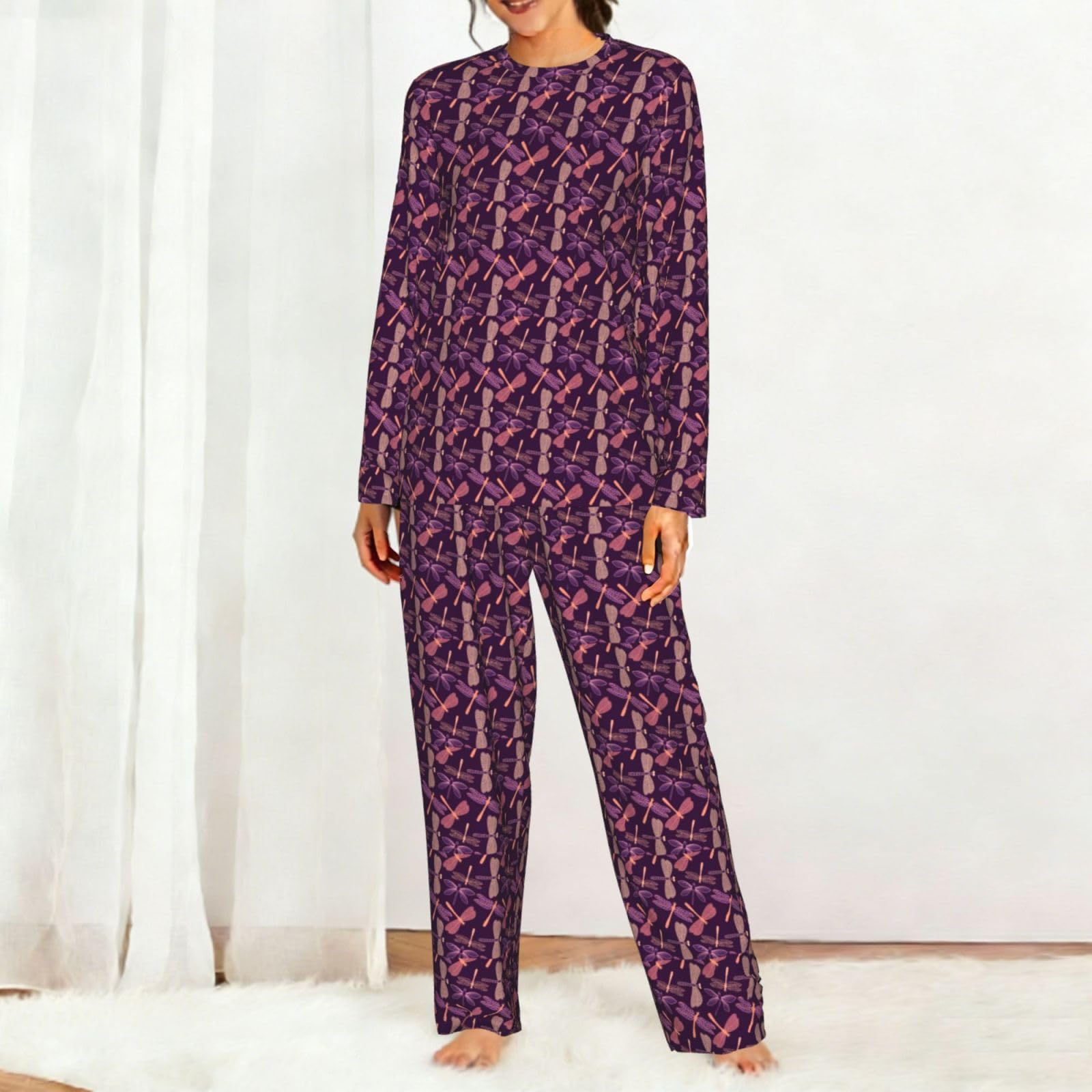 Viola Libellula Stampa Delle Donne Manica Lunga Pigiama Corrispondente Morbido Elastico Coulisse Casual Daywear