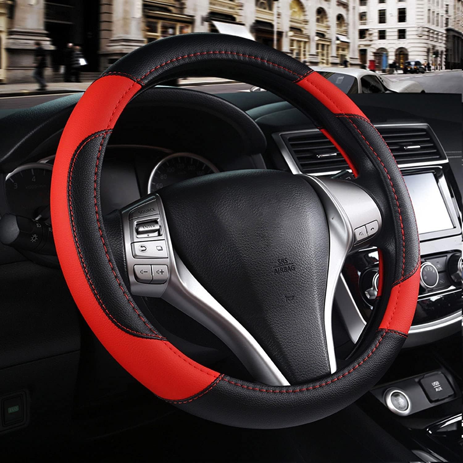 Leather Steering Wheel Cover Fit 14.5-15 Inch Anti-Slip, Breathable, Heat Resistant - Car Accessories for Cars, SUVs & Sedans - Black Red 113 Design for Renault Duster-image-6