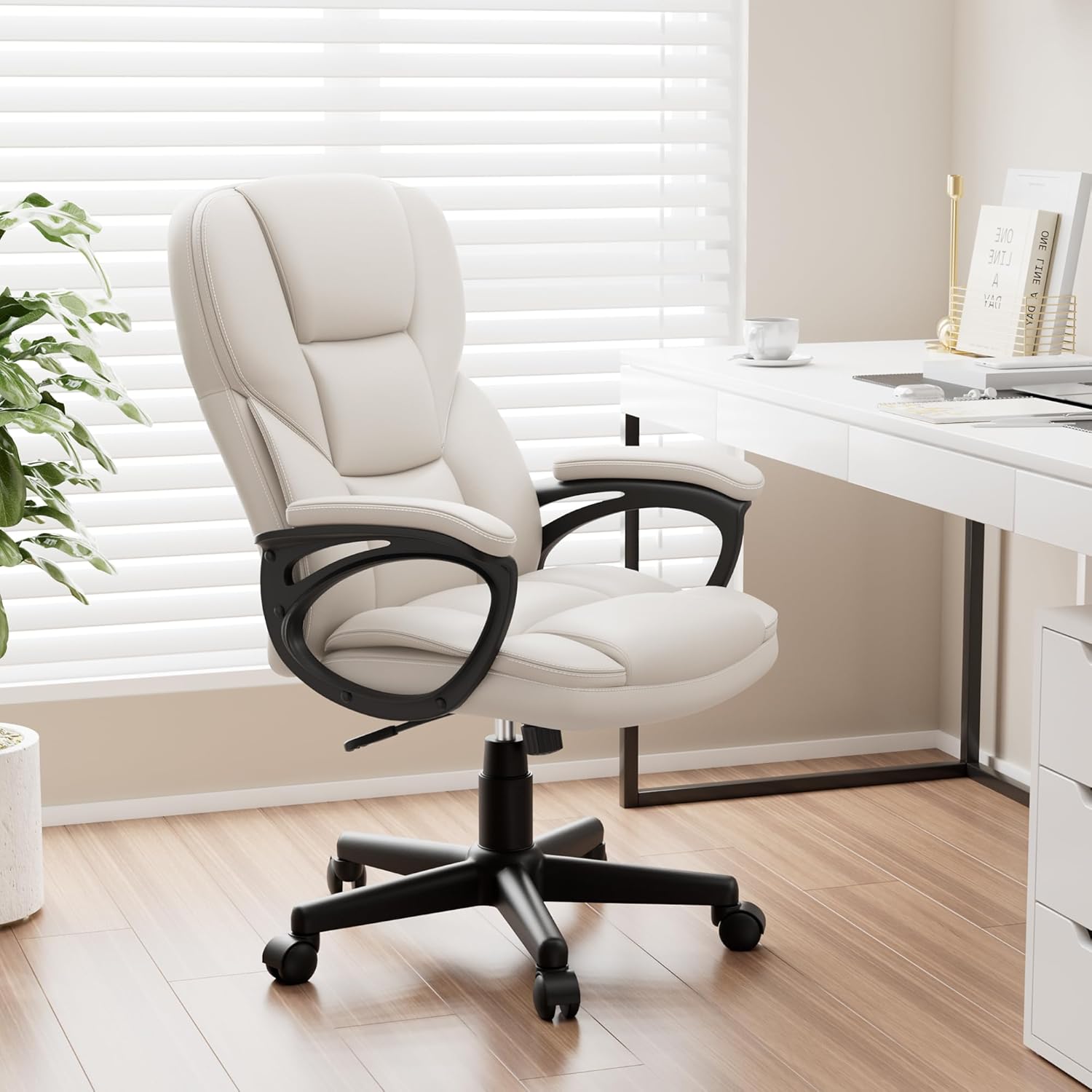 Shahoo Executive Office Chair, PU Leather High Back Ergonomic Armchair for Home Desk with Wheels, Beige