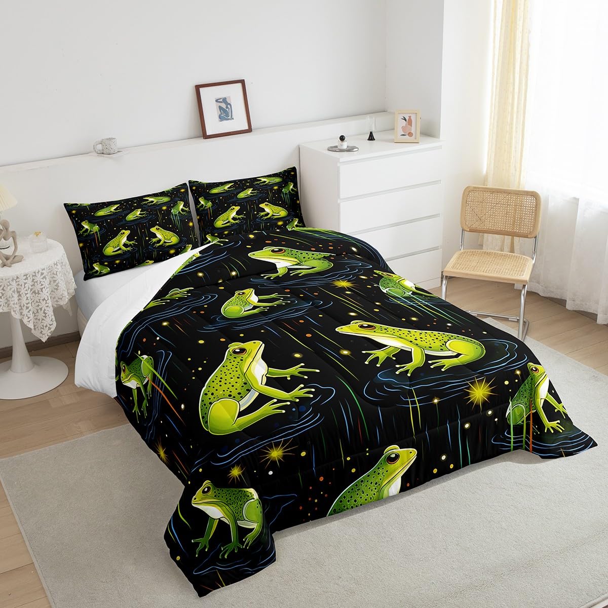 Green Frog Duvet Cover Set For Kids - Tropical Frog & Star Print, Toddler Size