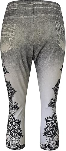 Miniatura 3 de PANOEGSN Leggings con aspecto de jean para mujer, cintura alta, control de abdomen, jeans falsos, estampado floral, pantalones capri elásticos para