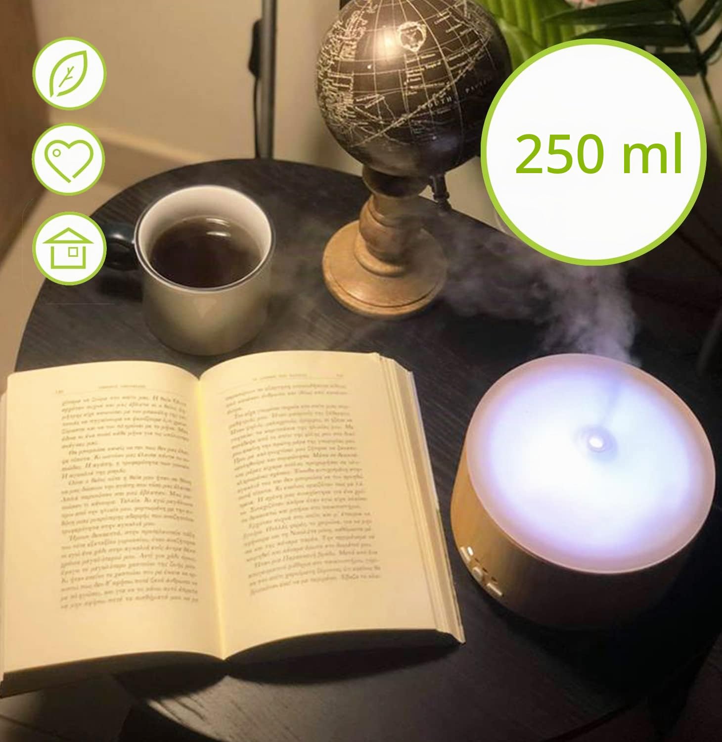 Gisa Wellness - WOODY - Diffusore di Aromi ed Oli Essenziali ad Ultrasuoni - 250ml - Aromaterapia e Cromoterapia - Vetro e Legno - Timer, Durata 6h - Relax