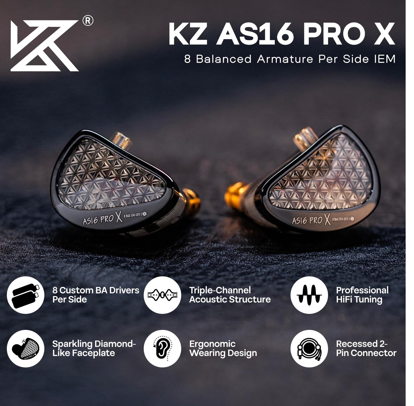KZ AS16 PRO X w monitorze dousznym, przewodowe słuchawki douszne 16BA HiFi, profesjonalne słuchawki IEM z precyzyjną elektroniczną zwrotnicą, błyszcząca konstrukcja przypominająca diamenty