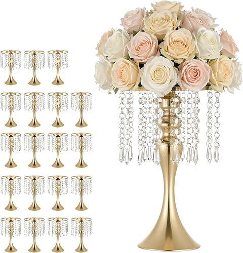 VEVOR 20 PCS Wedding Flower Vase, 13.4 in Tall Flower Table Centerpieces, Crystal Banquet Vases Easy Installation, Electroplated Finish, Versatile Arrangement Stand for Party Events Home Decor, Gold