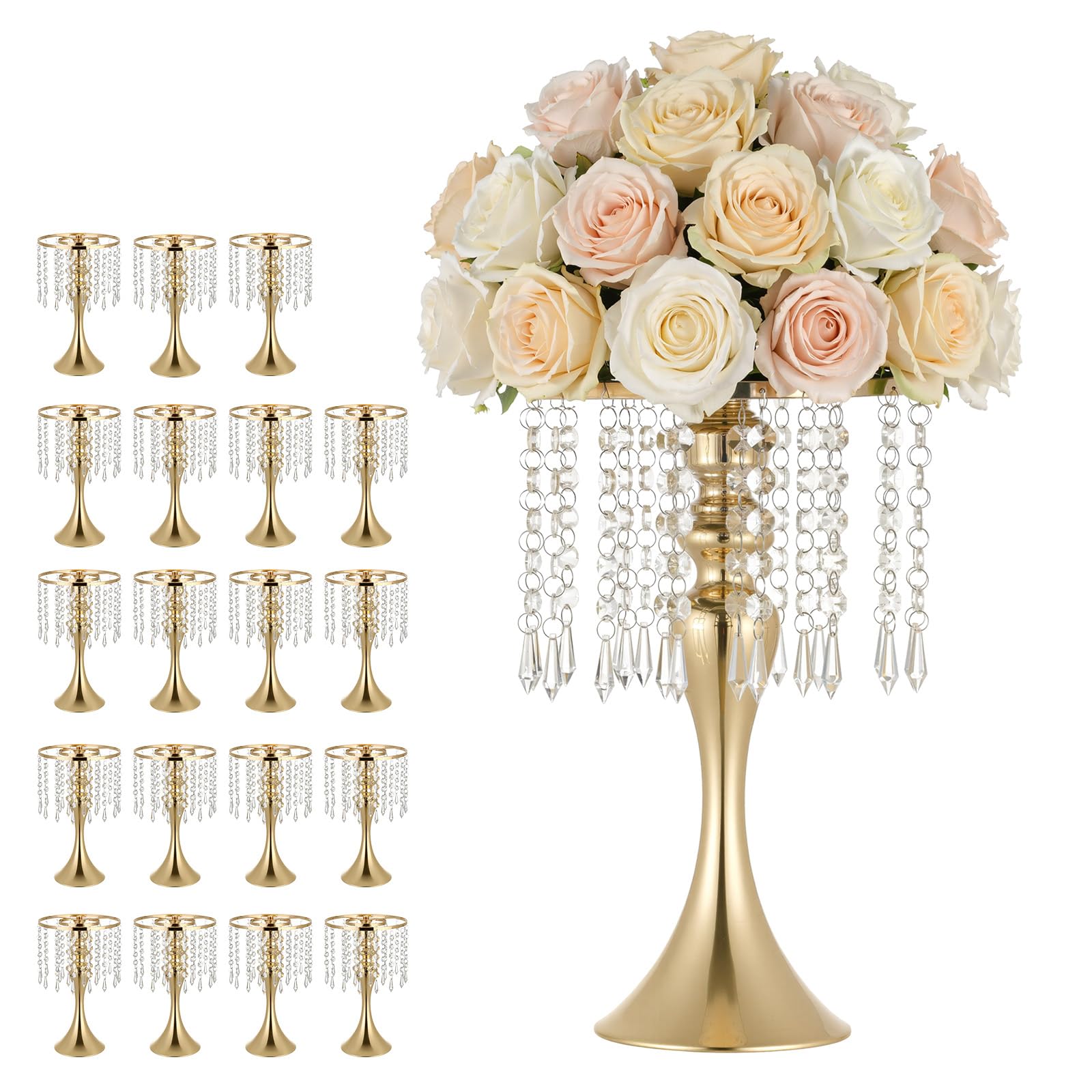 VEVOR Set di Vasi Decorativi per Matrimonio Feste Evento in Metallo 20 pezzi, Vasi Centrotavola di Fiori Altezza 33,5 cm Supporto per Banchetti Decorazioni Interiori, Pendenti in Cristallo, Colore Oro