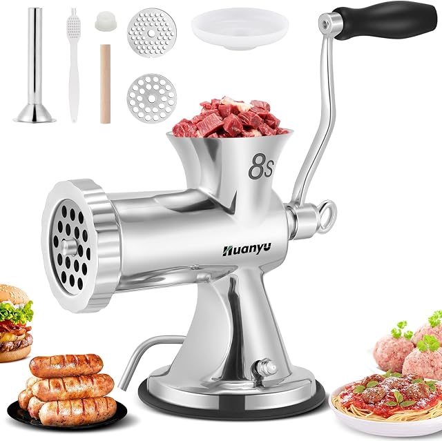 Huanyu Meat Grinder Manual Stainless Steel Hand Meat Grinder and Sausage Maker Manual Meat Mincer and Vegetable Cutter Dishwasher-Safe Meat Mincer Grinder Size 8s