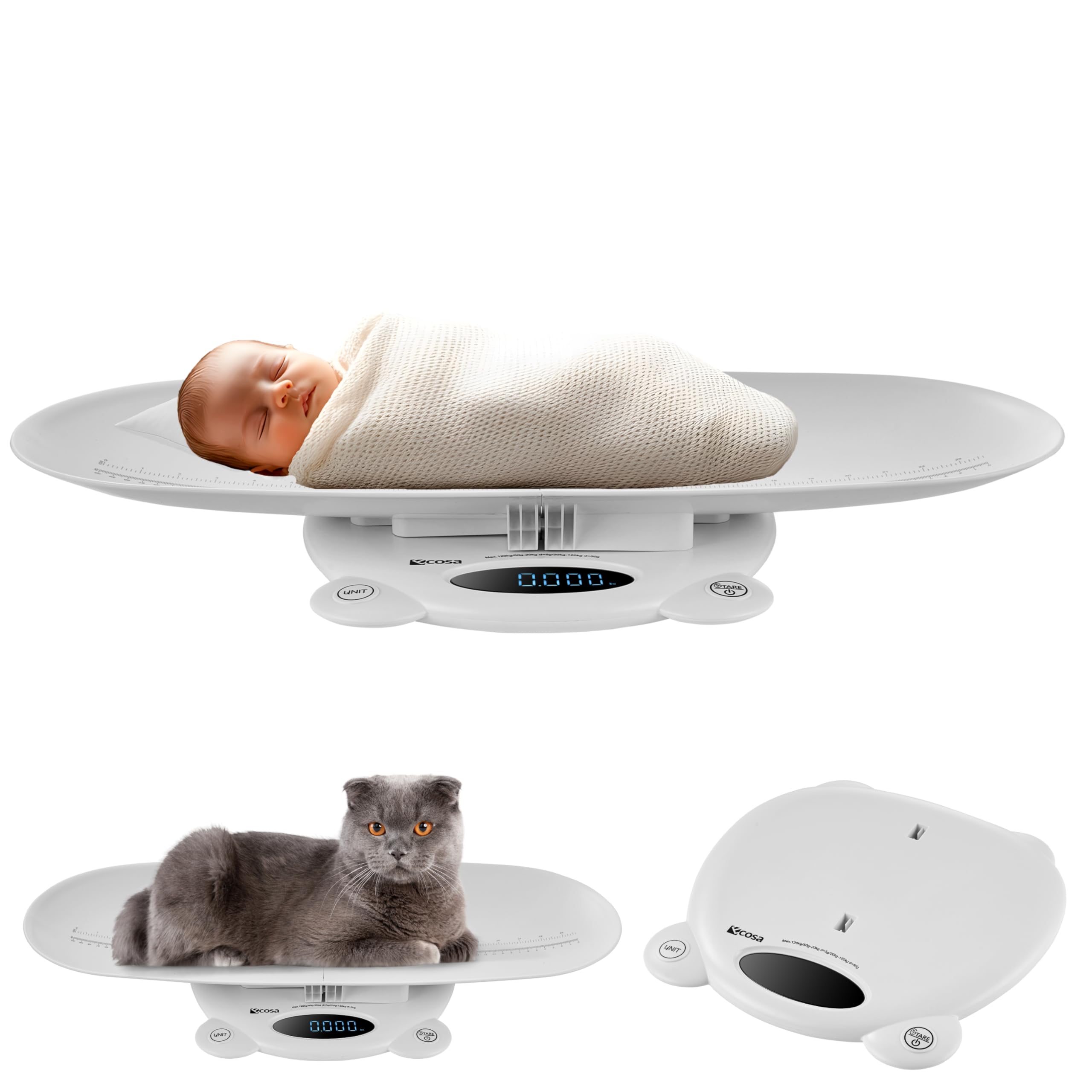 3 in 1, bilancia per animali e pesapersone, display a LED, bilancia digitale con funzione tara/hold, capacità 120 kg, capacità 5 g/50 g, unità di peso: kg/lb/st robusto design ABS, funzionamento a