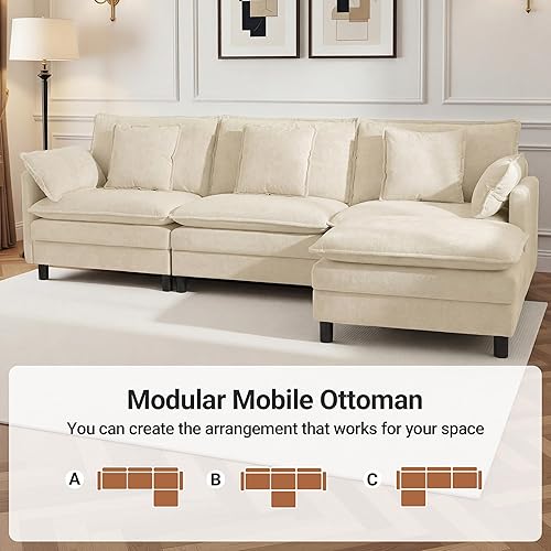 Miniatura 6 de YDN Sofá de 110 pulgadas, sofás seccionales para sala de estar, sofá nube con otomana móvil, juego de sofá modular en forma de L, color beige