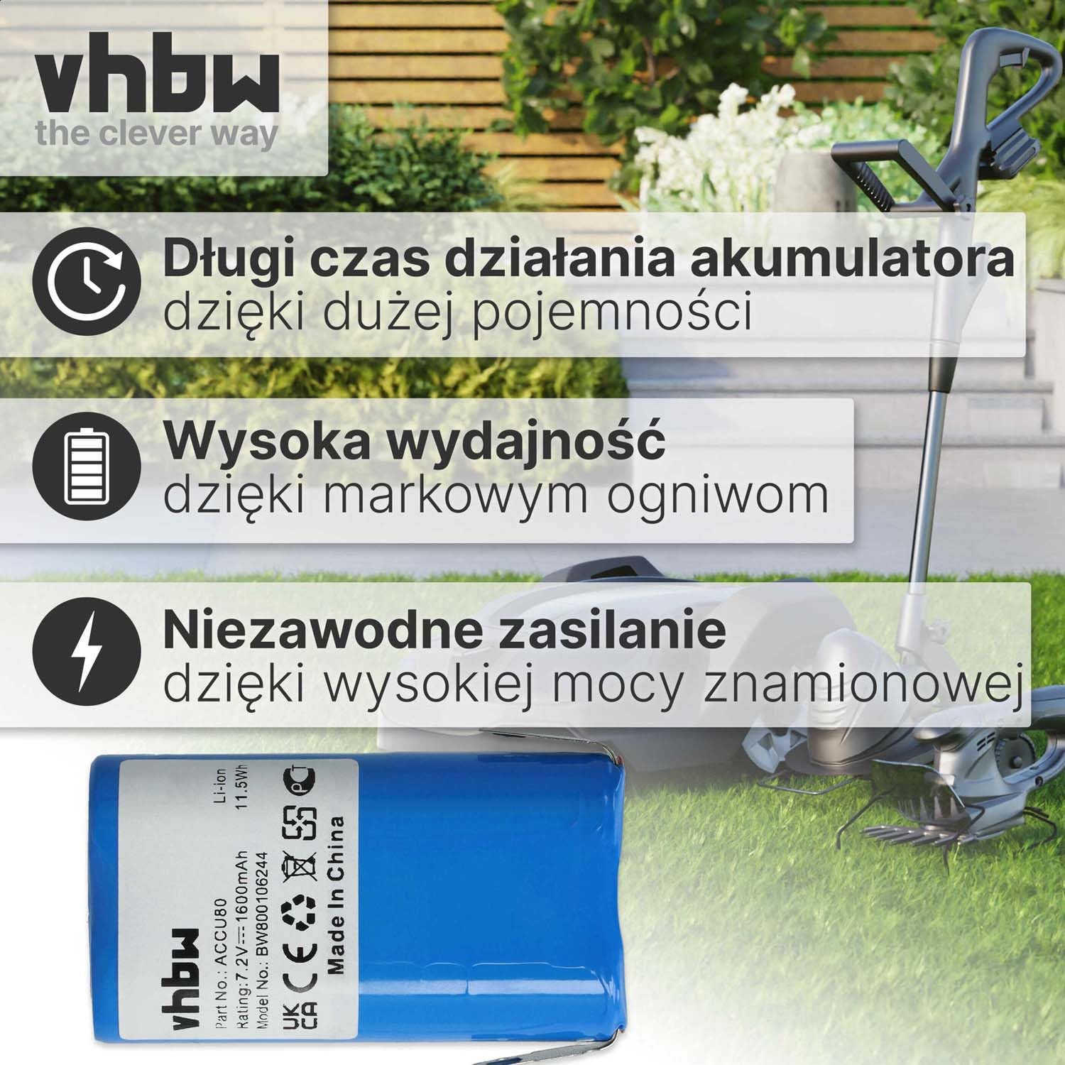 vhbw Bateria kompatybilna z Gardena Accu80 8824 nożyce do żywopłotu, nożyce elektryczne (1600mAh, 7,2V, Li-ION)