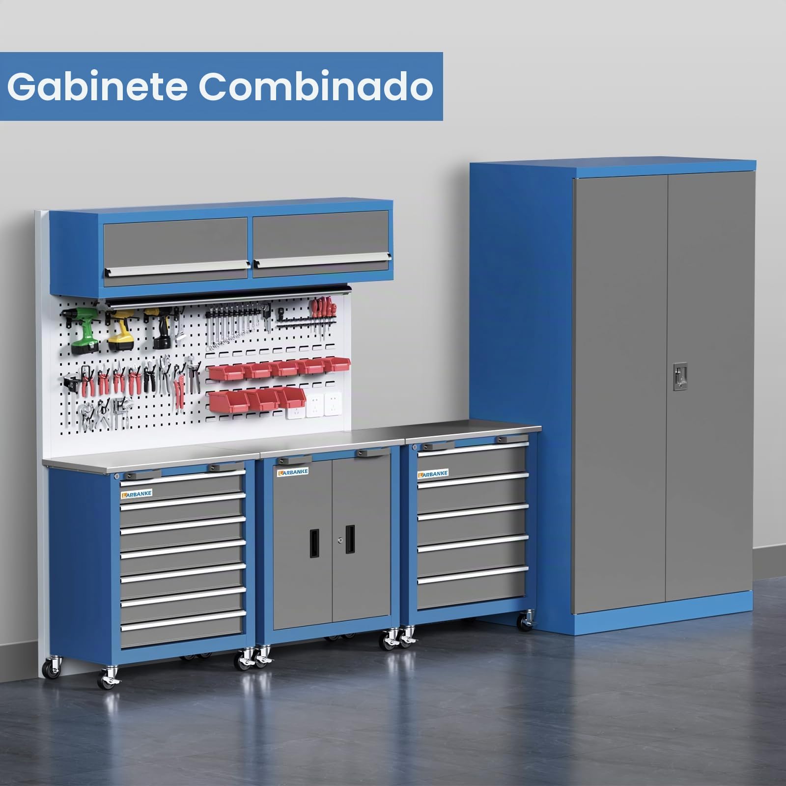LARBANKE Armario de herramientas combinado, 7 cajones y 5 cajones para uso conectado, almacenamiento rodante con ruedas de freno de 360° y patas acolchadas para el hogar, la oficina
