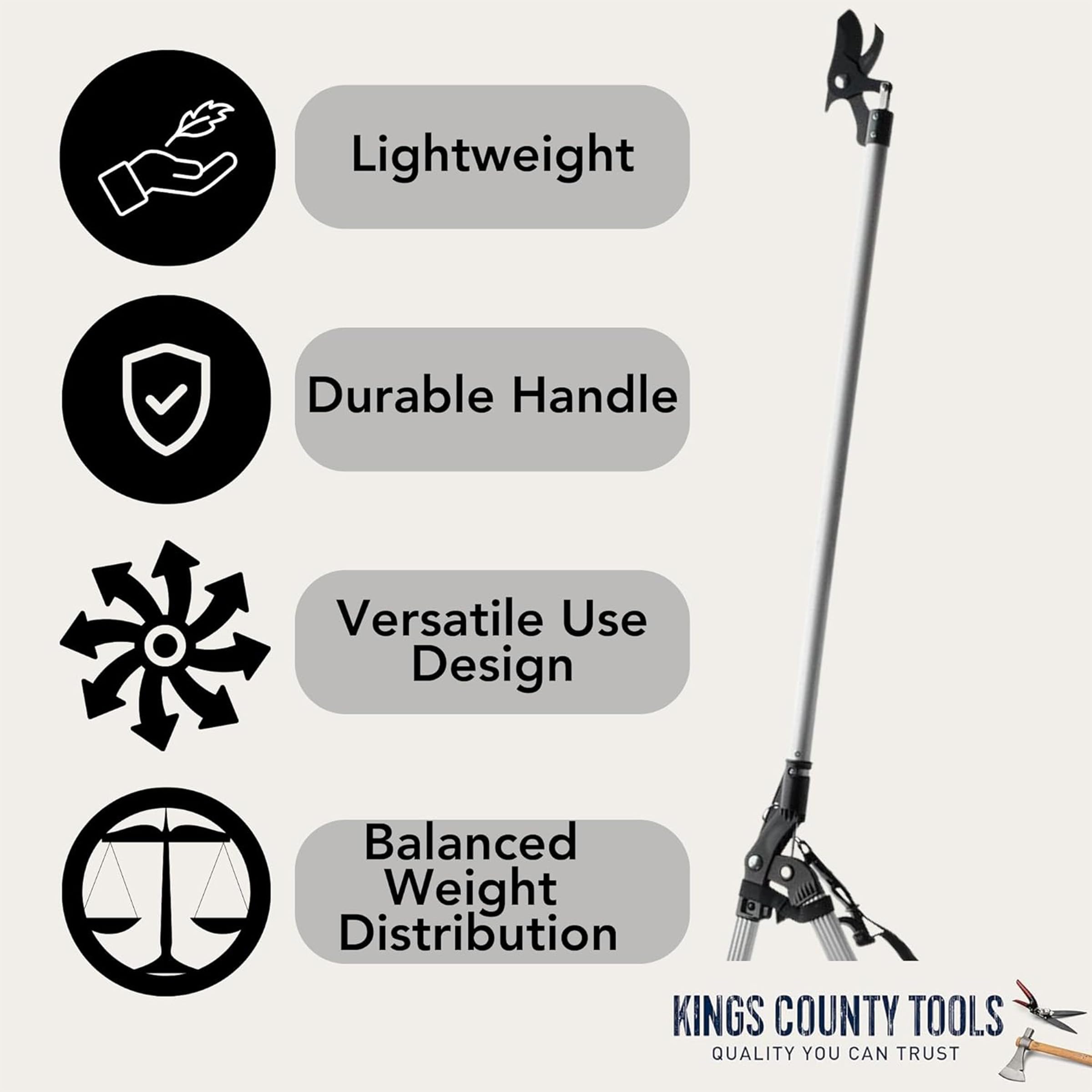 Kings County Tools Razor Sharp - Podadora de largo alcance con cabezal giratorio Herramientas - Asas de aluminio duraderas - Correas incluidas para comodidad durante todo el día