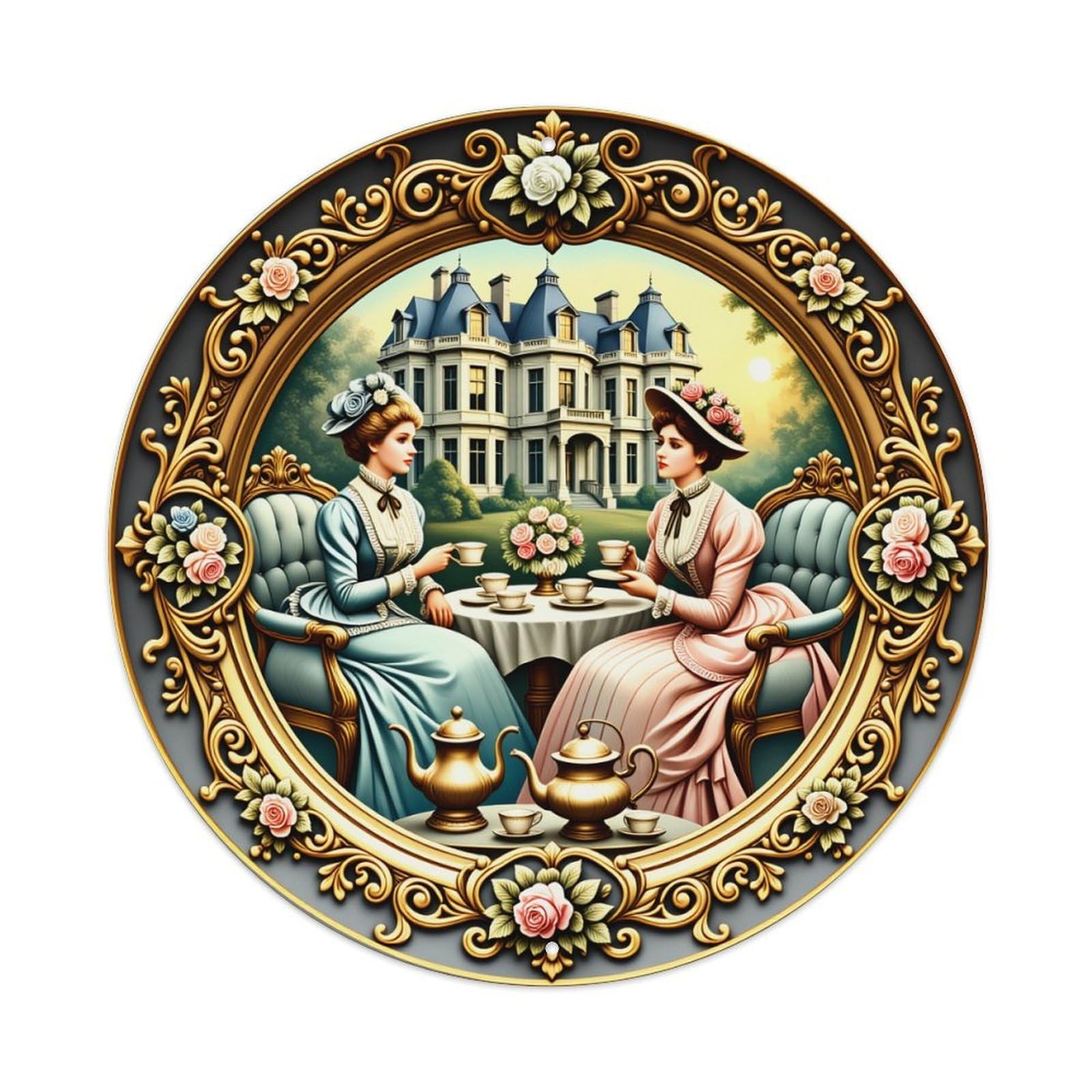 Elegant Tea Time Scene Portrait Metal Tin Sign Vintage Garden Bedroom Cafe Bar Man Cave Home Wall Decor Metal Poster 8x8 inches