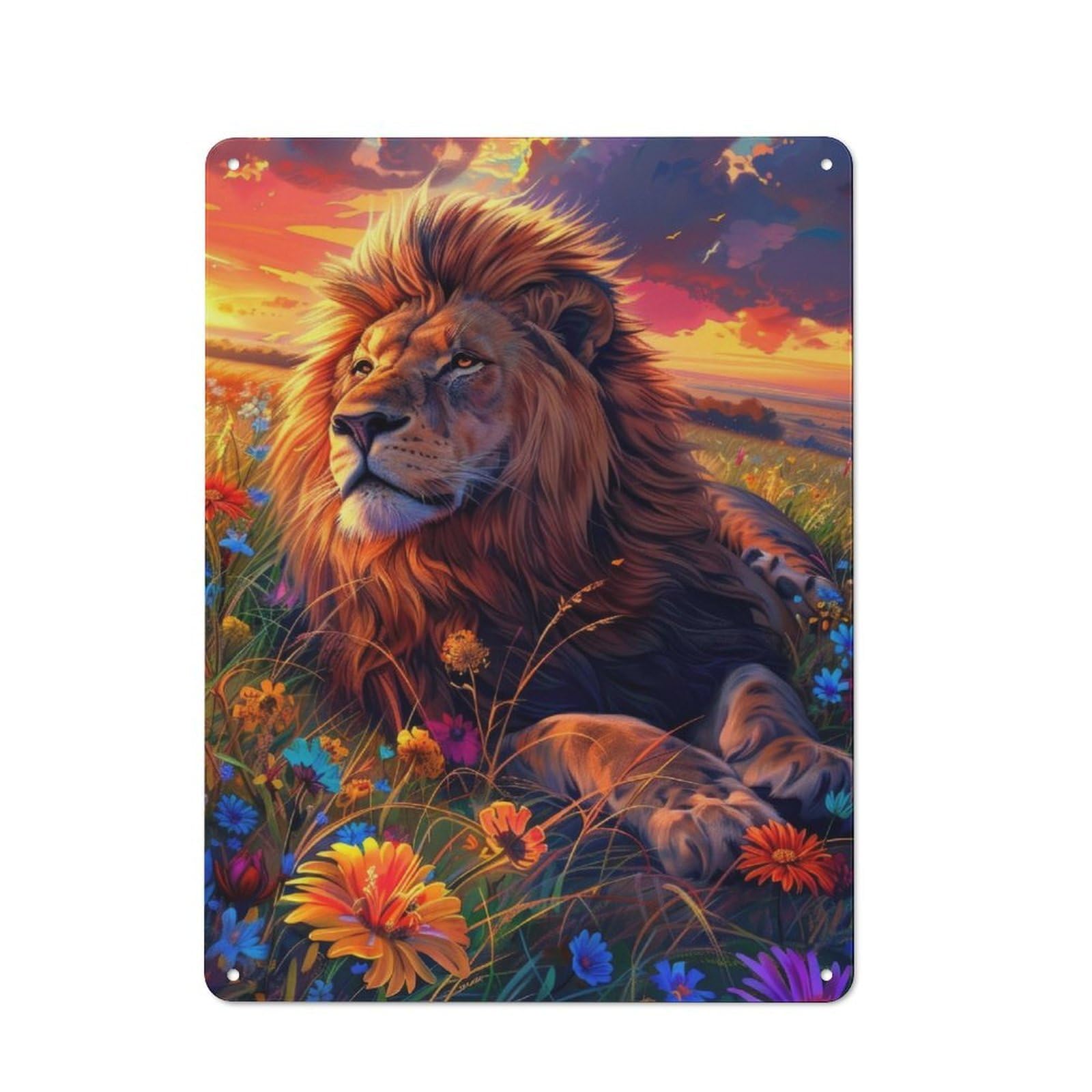 Junmoney Lion In Field Of Flowers Retro Metal Plaque 40X30cm For Living Room Or Hallway, For An Autumn Wall Display In Living Room And Hallway