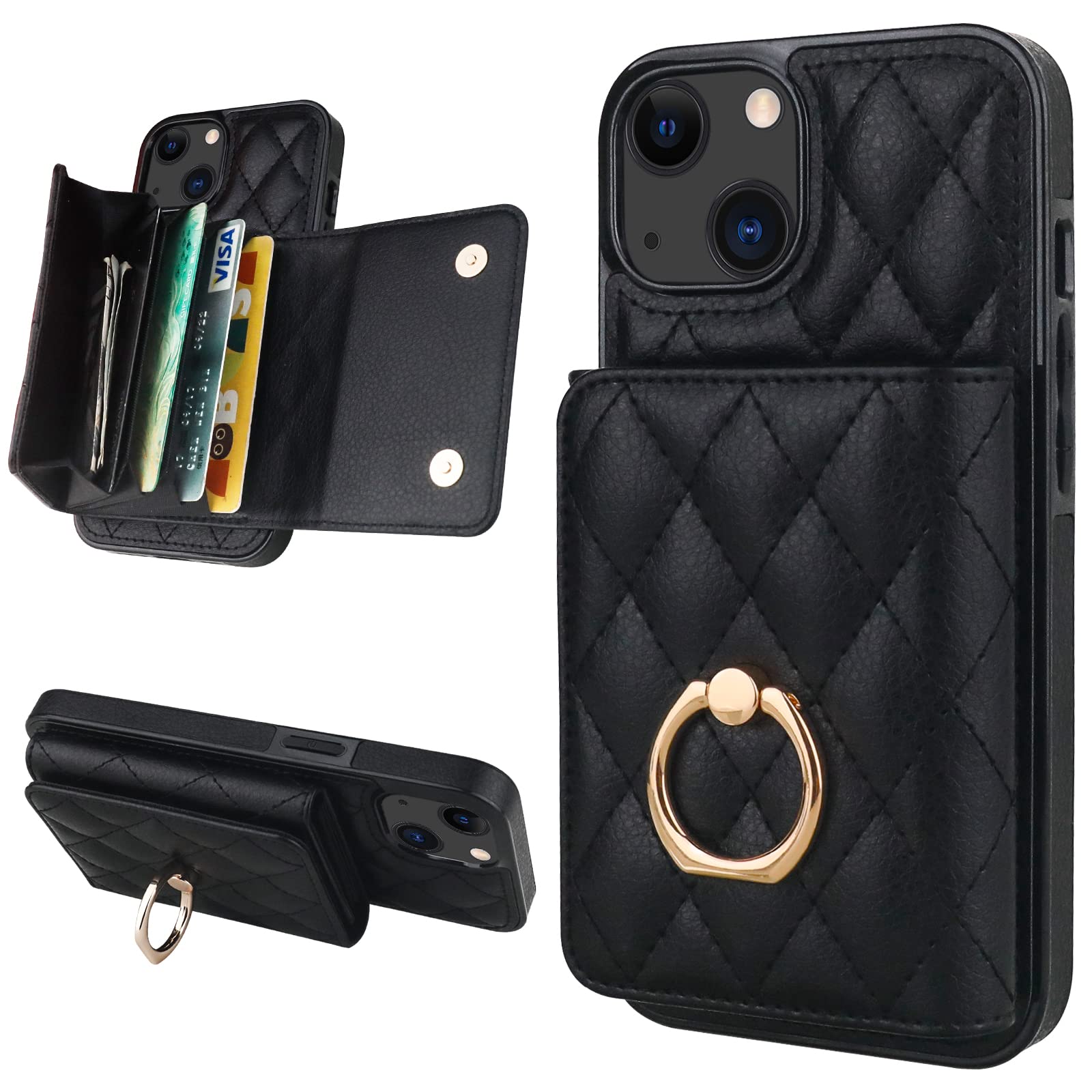 Folosu for iPhone 13 iPhone 14 Wallet Case with Card Holder, 360°Rotation Ring Holder Kickstand, 4 Card Slots PU Leather Case, RFID Blocking Double Magnetic Clasp Protective Cover 6.1 Inch Black