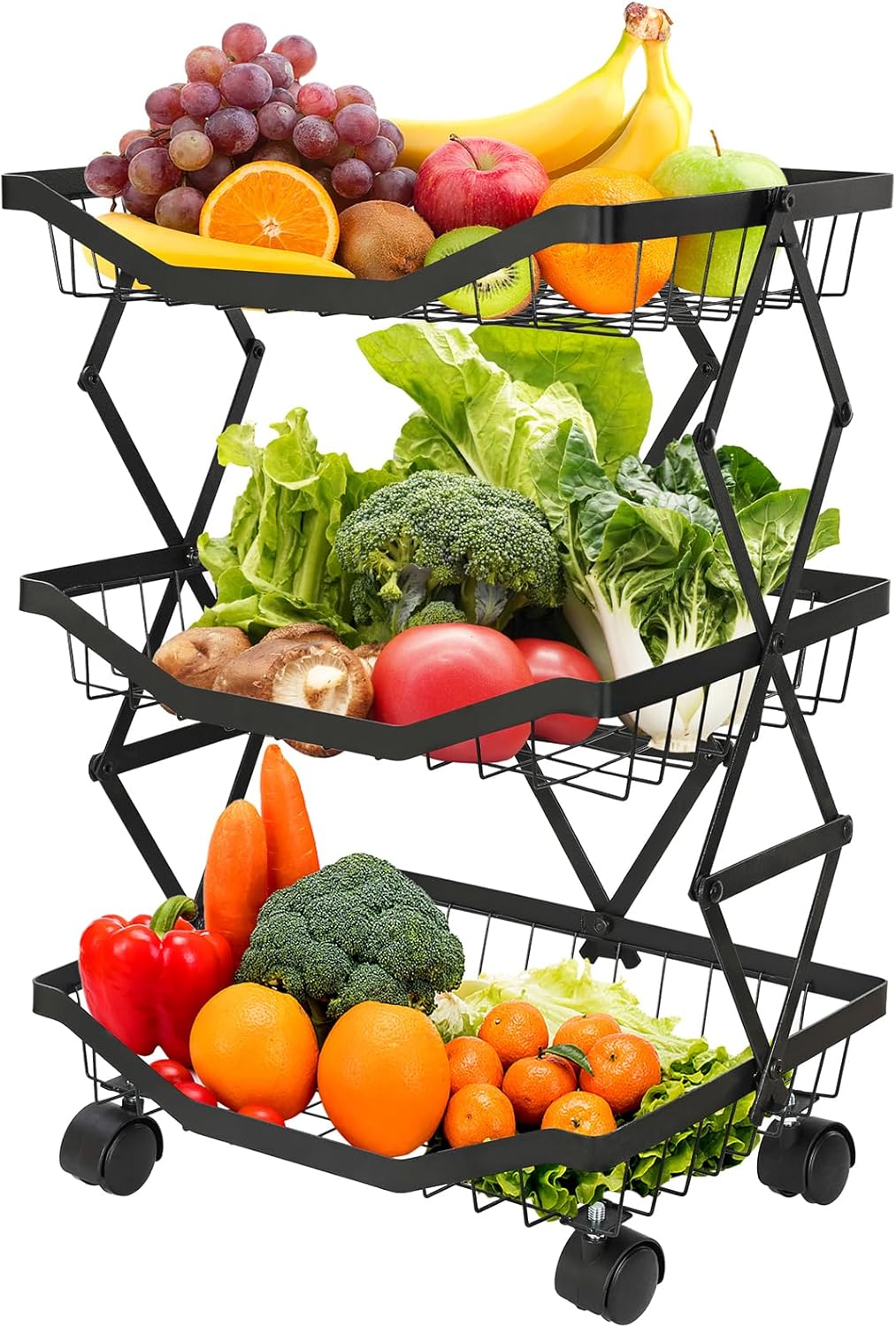 3 Tier Fuit Basket for Kitchen Storage,Stackable Wire Basket Cart with Rolling Wheels Kitchen Storage for Onions,Potatoes,Snacks,Vegetables