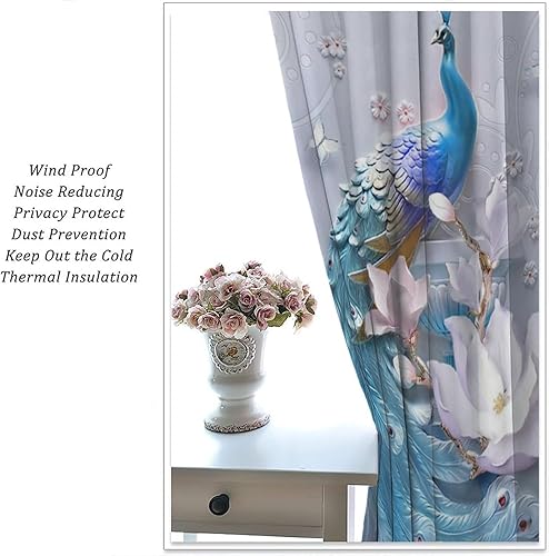 Miniatura 5 de Cortinas de pavo real, flores blancas, hermosas y elegantes, estilo de pintura al óleo de pavo real azul, tela de poliéster, tratamientos de ventana