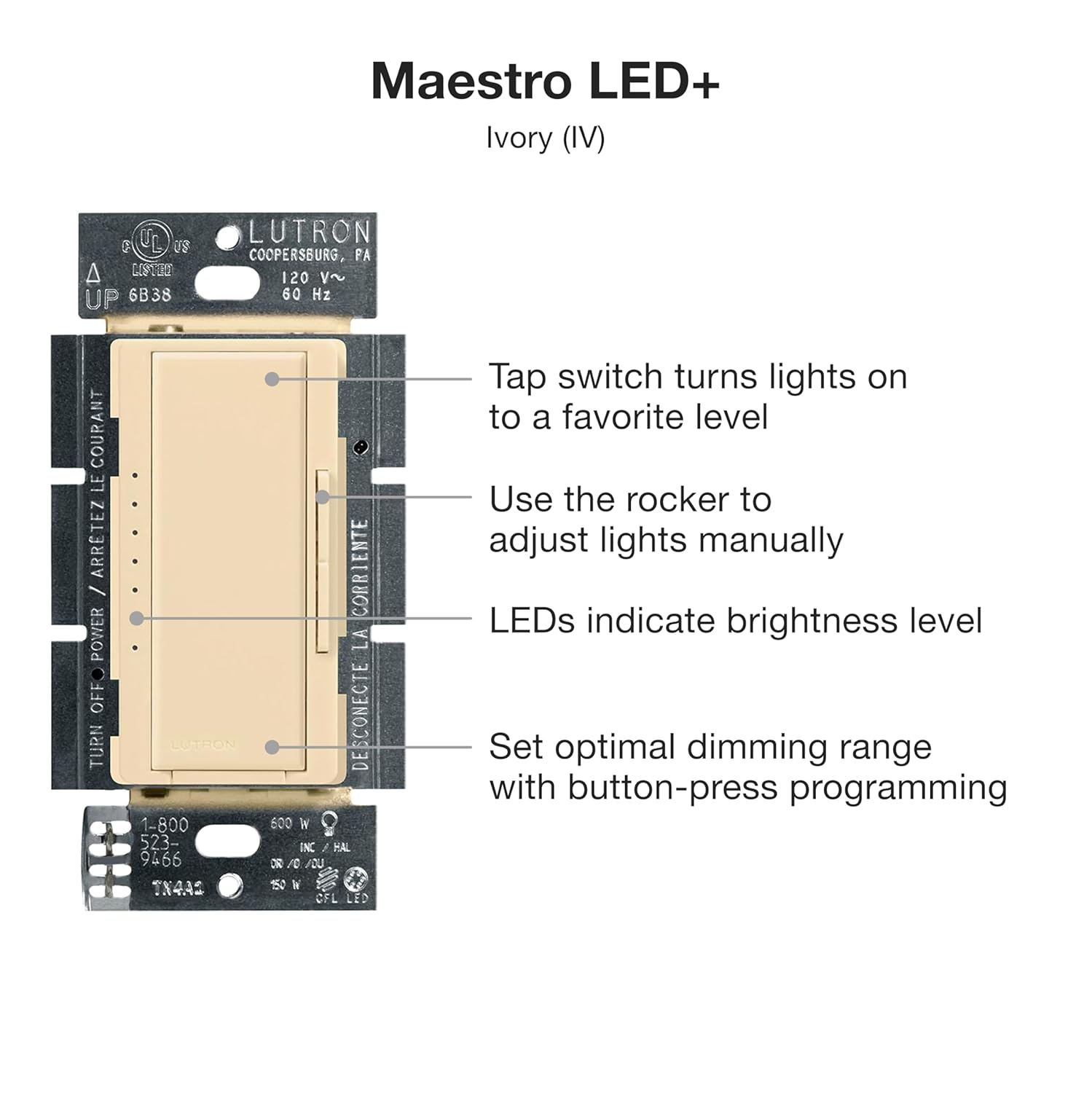 Lutron Maestro LED+ Dimmer Switch for Dimmable LED, Halogen and Incandescent Bulbs, 150W/Single-Pole or Multi-Location, MACL-153M-IV, Ivory