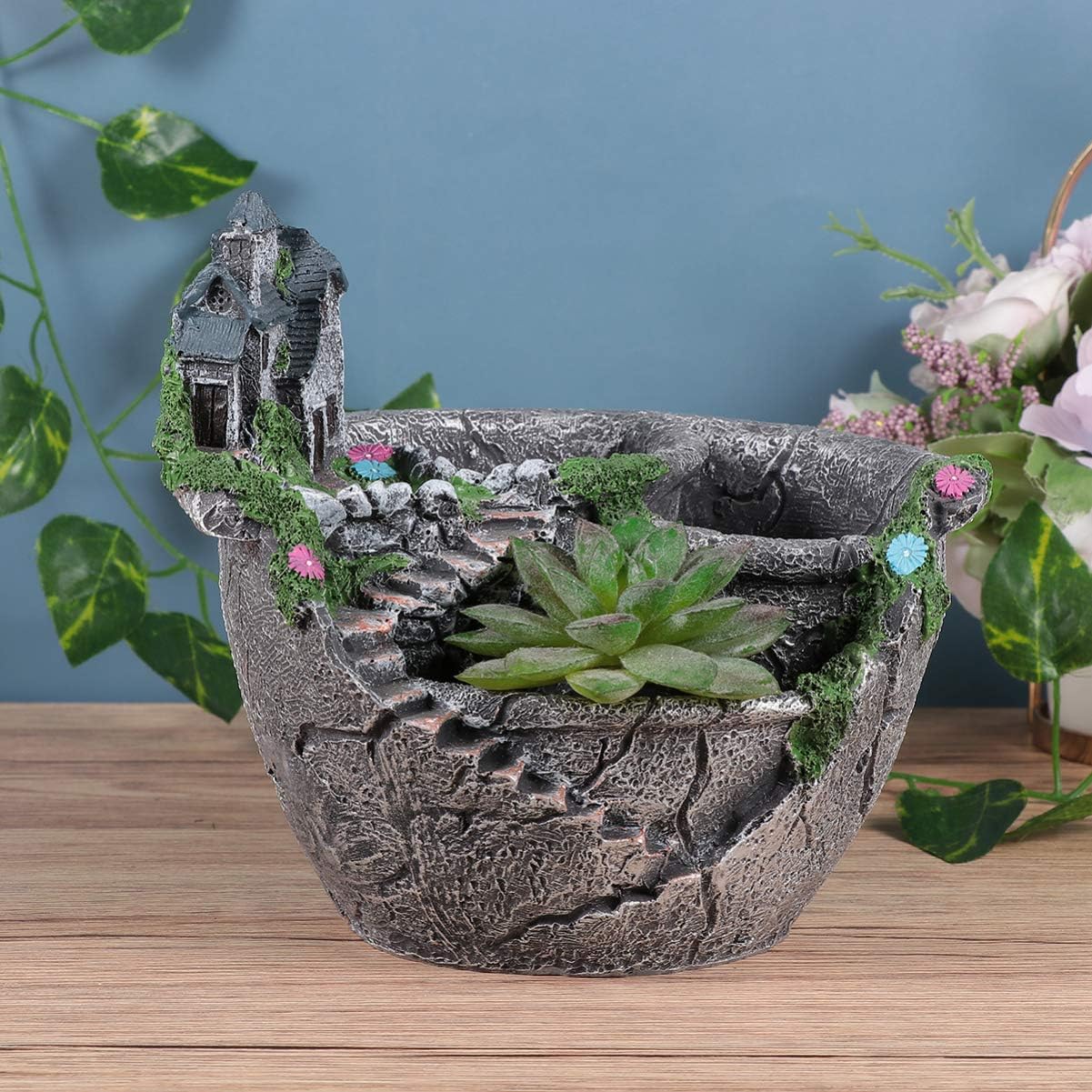 Cabilock 1pc Garden Basin Flower Pot Flower Plant Pots Succulent Flowerpot Succulent Planter Container Plants Ornaments Round Planter House Miniature The Lazy Child