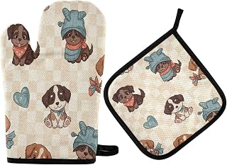 QUGRL Oven Mitts and Pot Holders Set Cute Puppies Hats Scarves Kitchen Oven Gloves Hot Pads Heat Resistant Handling Cooking Cookware Bakeware BBQ