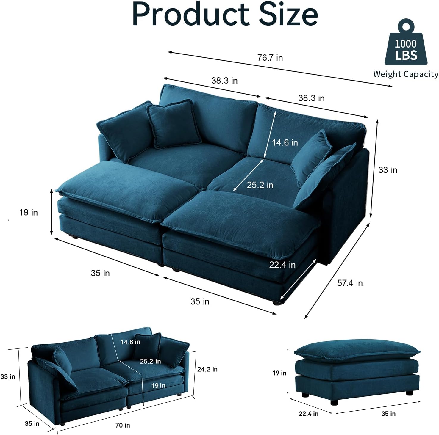76.7" Modern Deep Seat Loveseat, 2-Seater Cloud Couch with 2 Ottomans & Soft Pillows, Chenille Modular Sectional Sofa for Living Room Apartment Office Bedroom Small Space, Navy