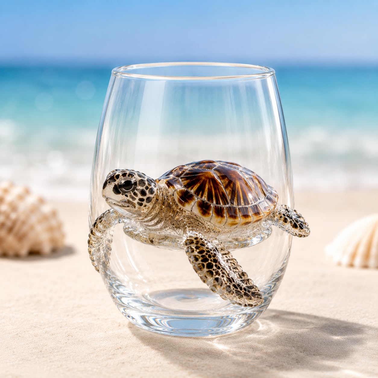 Ten Treasure 12oz Artisanal Blue Ringed Octopus Glassware, 3D Ocean Animal Artisan Glassware Collection for Fresher Sips, Coastal Elegance & Elevated Home Bar (Turtle)