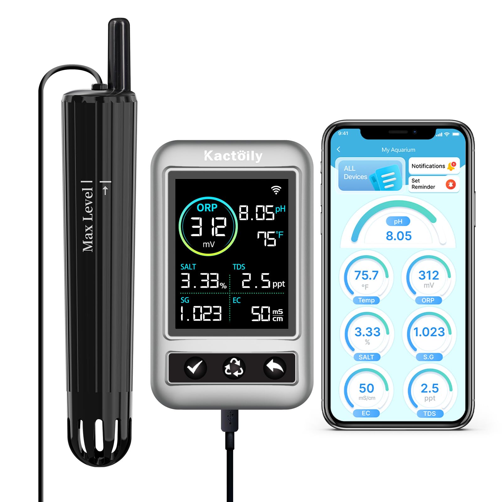 kactoily Long-Range WiFi Aquarium Water Quality Monitor – 7 Parameter Digital Aquarium Water Tester for pH ORP EC TDS Salinity SG Temp, Freshwater & Saltwater Tanks