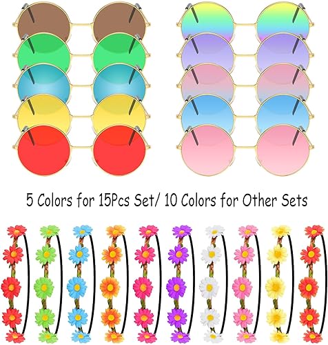 Miniatura 2 de Morcheiong Juego de 60 accesorios hippie que incluye diademas multicolor de margaritas, lentes de sol redondos y collares con signo de paz