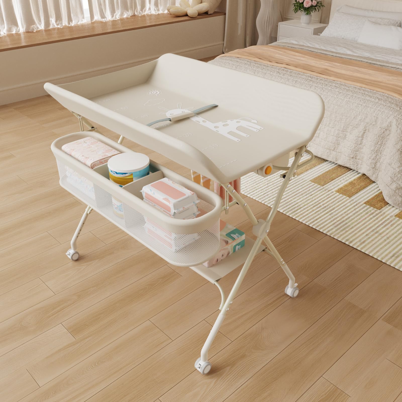 Supfine Table à Langer Pliable, Plan à Langer avec Panier Latéral et Tringle de Suspension, Réglable en Hauteur, avec roulettes Verrouillables (Crème, 4 en 1)