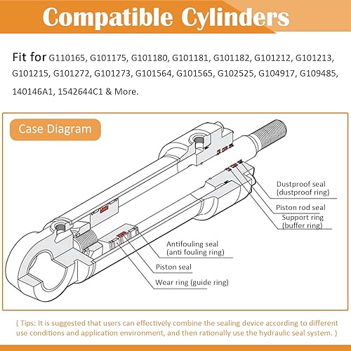 Miniatura 6 de Compatible con G109423 / Case 1543273C1 / Case G105545 Kit de sellos de cilindro hidráulico, Cruz-Air, 450 455 550 580 650 680 780 850 855 1085 1086