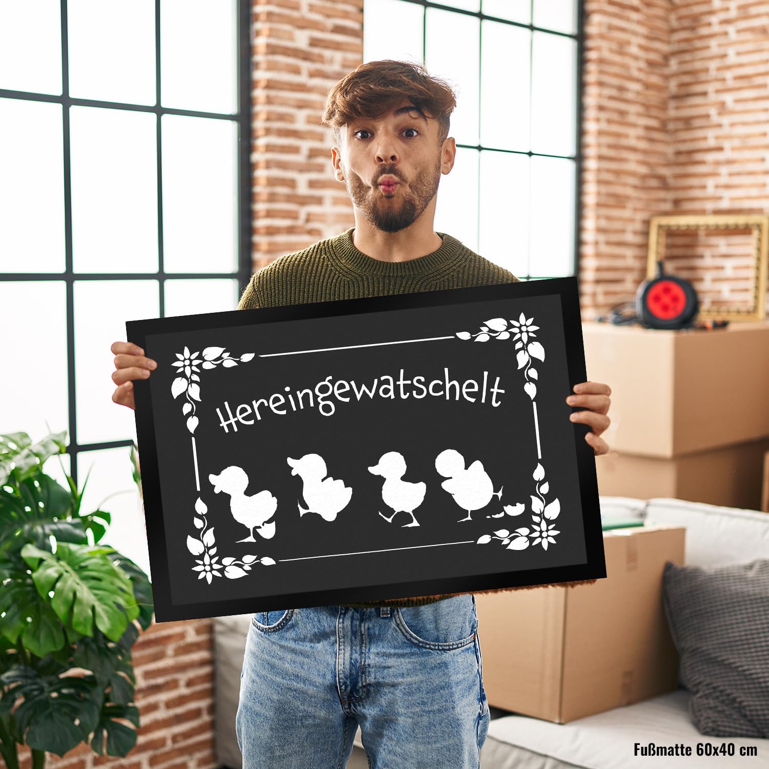 speecheese Hereingewatschelt Fußmatte XXL in 50x75 cm mit niedlichen Entchen für den Eingang als Frühlings- und Oster Dekoration oder um deinen Besuch zum Eintreten zu Bitten