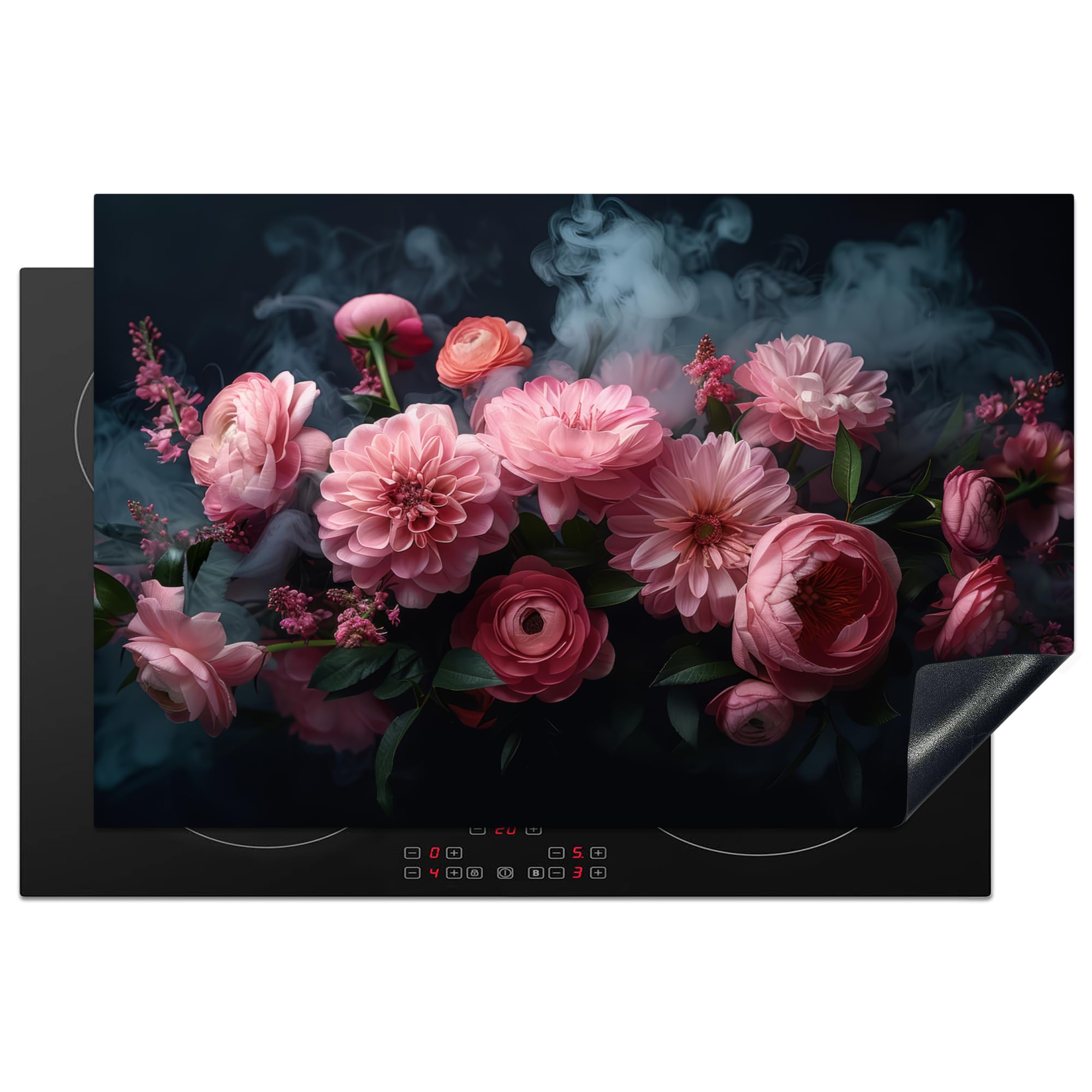 KitchenYeah© Induction Hob Protector Mat 20.5"x31.5" / 80x52 cm Stove Cap Top Cover Kitchen Cooker Covers for Electric Hobs Vinyl Flowers - Pink - Roses - Botanical - Nature
