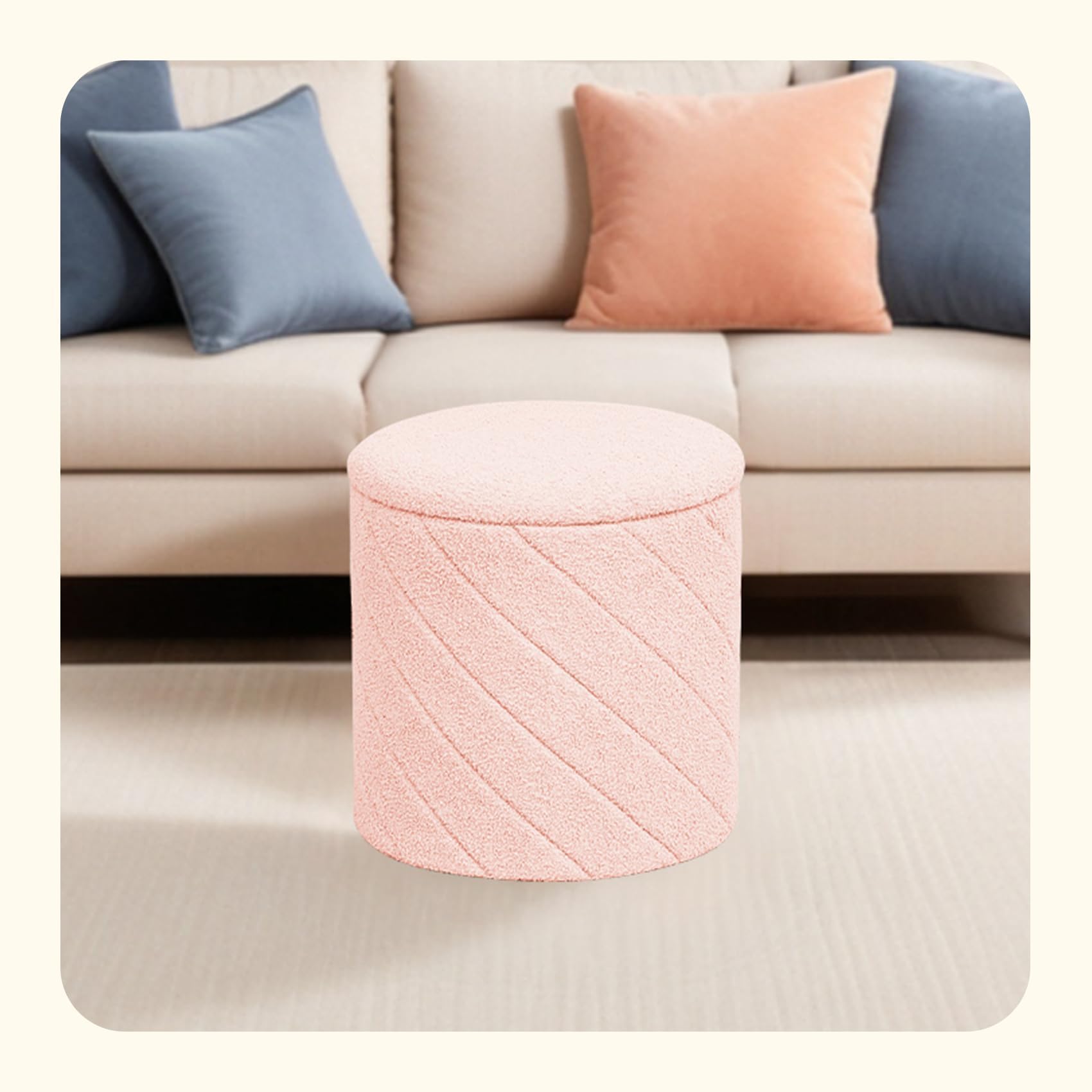 PINPLUS Puff Almacenaje Plegable con Tapa Reversible, Taburete Otomano Redondo Teddy Bouclé, Reposapiés para Salón o Dormitorio, Ø 43 x 45 cm, Rosa