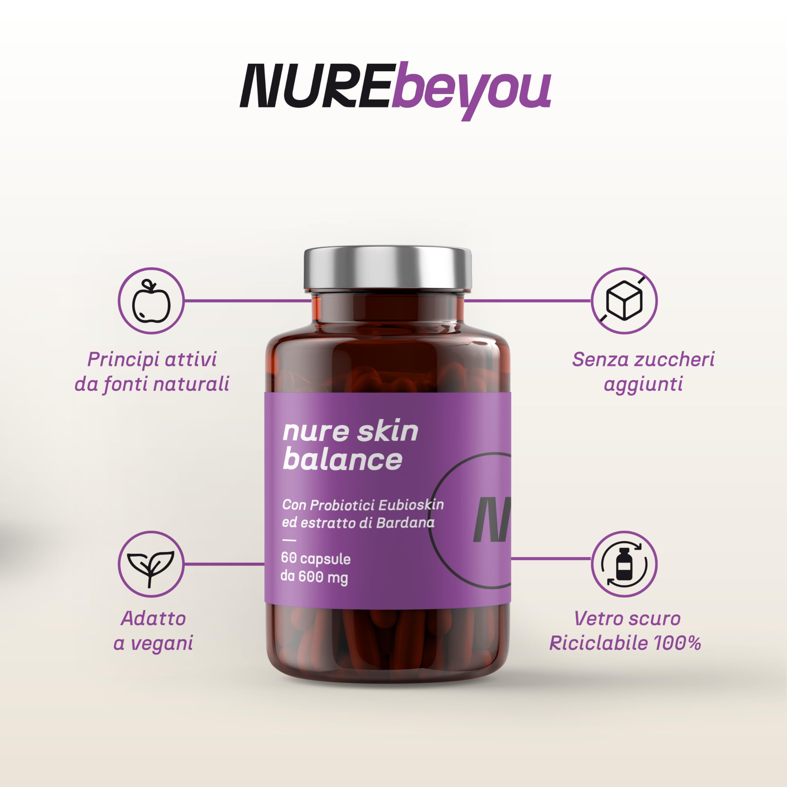 NURE Skin Balance 60 cps da 600 mg | Integratore pelle e acne | contiene zinco, vitamina b3 e b6, estratto di bardana, Eubioskin.