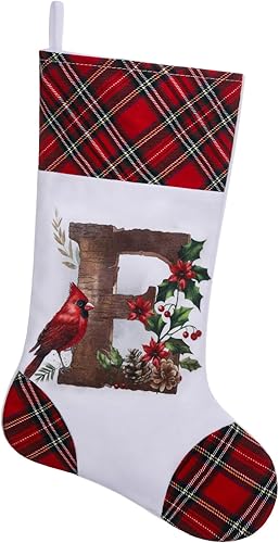 Medias de Navidad personalizadas de 20 pulgadas, diseño cardenal, medias con monograma inicial para decoración colgante de chimenea, familia, letra E
