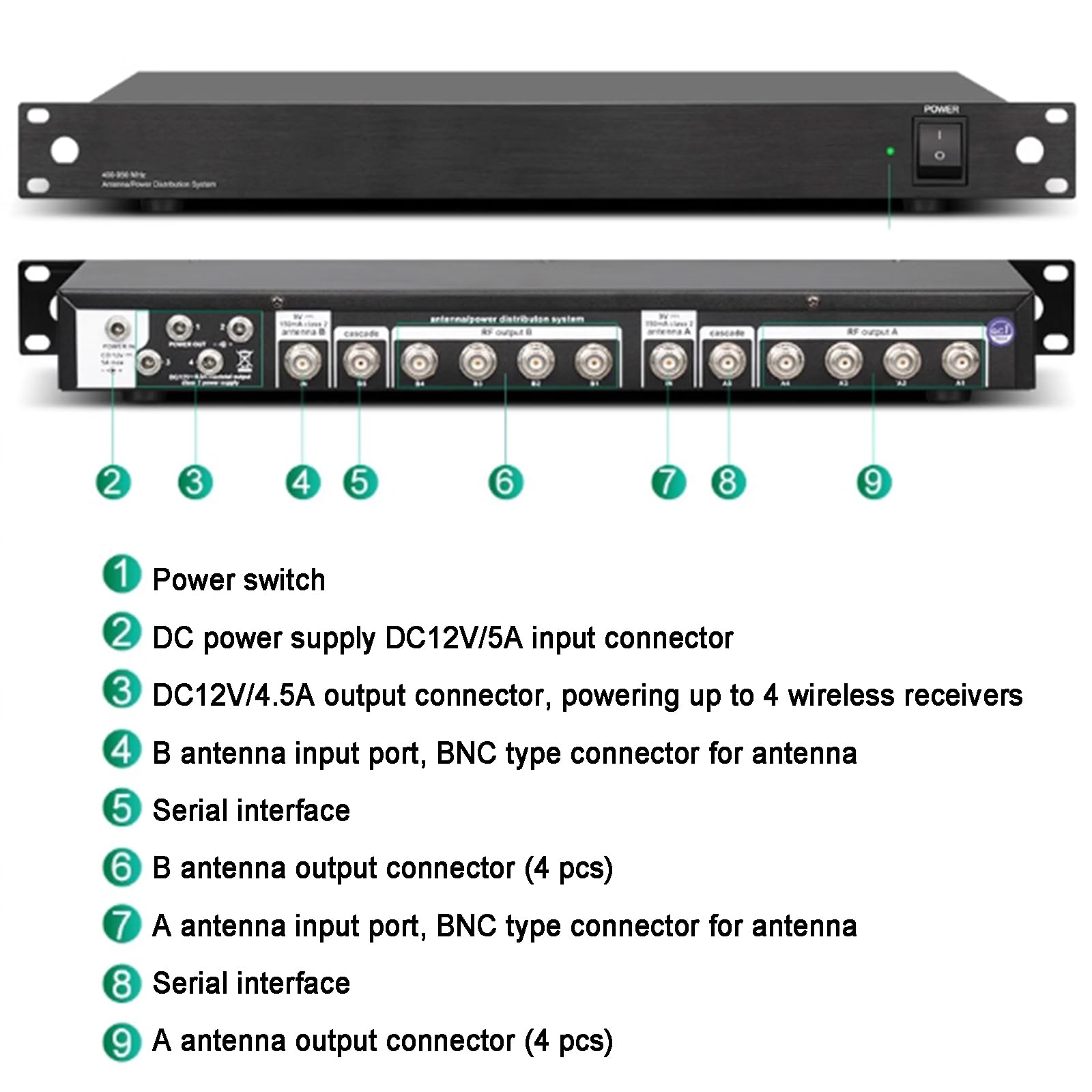 Amplificatore di Segnale per Microfono Wireless, Distribuzione Antenna UHF con 2 Palette Antenna Direzionale Attive, 8 Porte di Ingresso/Uscita, Gamma di Frequenza 400-950 MHz