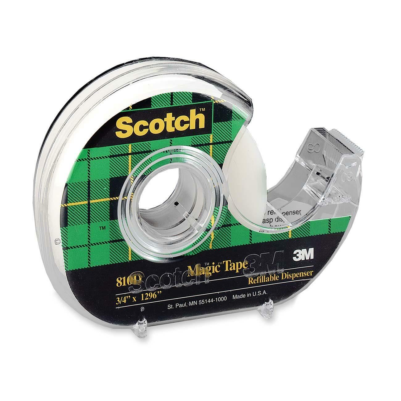 3M Scotch Magic Tape Roll with Refillable Dispenser | 1.9cm x 25.4 Meter | Invisible, writable and Hand tearable | for School Projects, Home and Office use